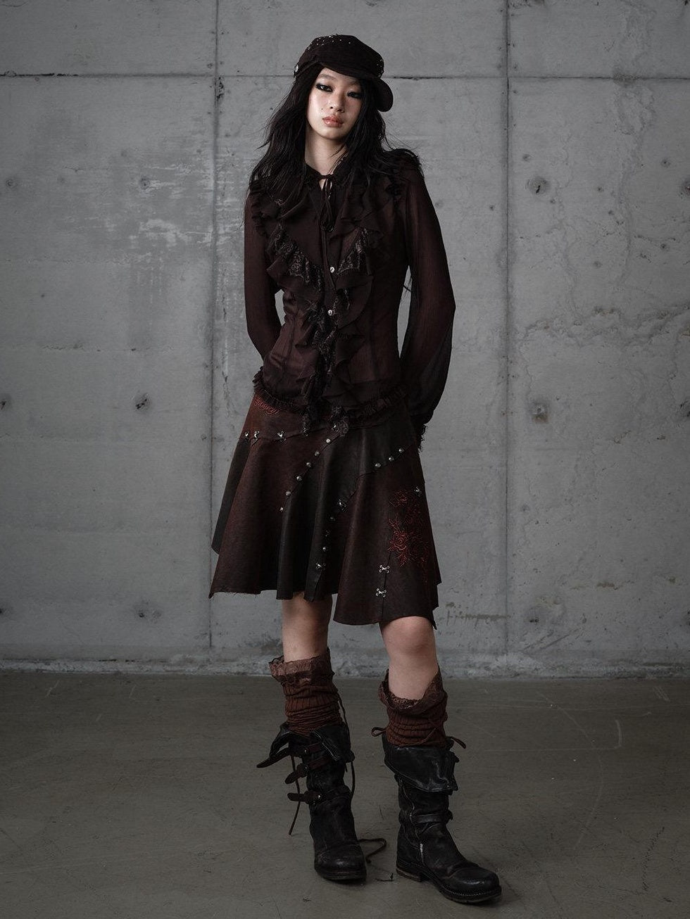 NO ROMANCE Embroidered Regal Asymmetric Mid Rise Loose Casual Girls Dark Brown Mini Skirts