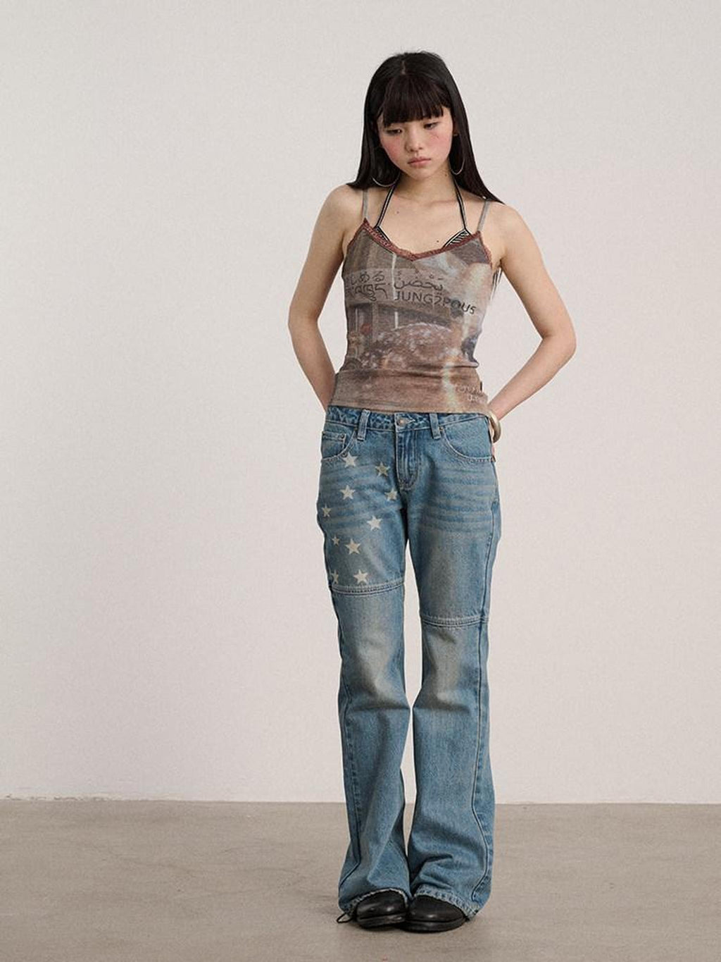 Achihara Letter Print Strappy V-neck Slim Fit Women'S Polyester Lace Camisoles