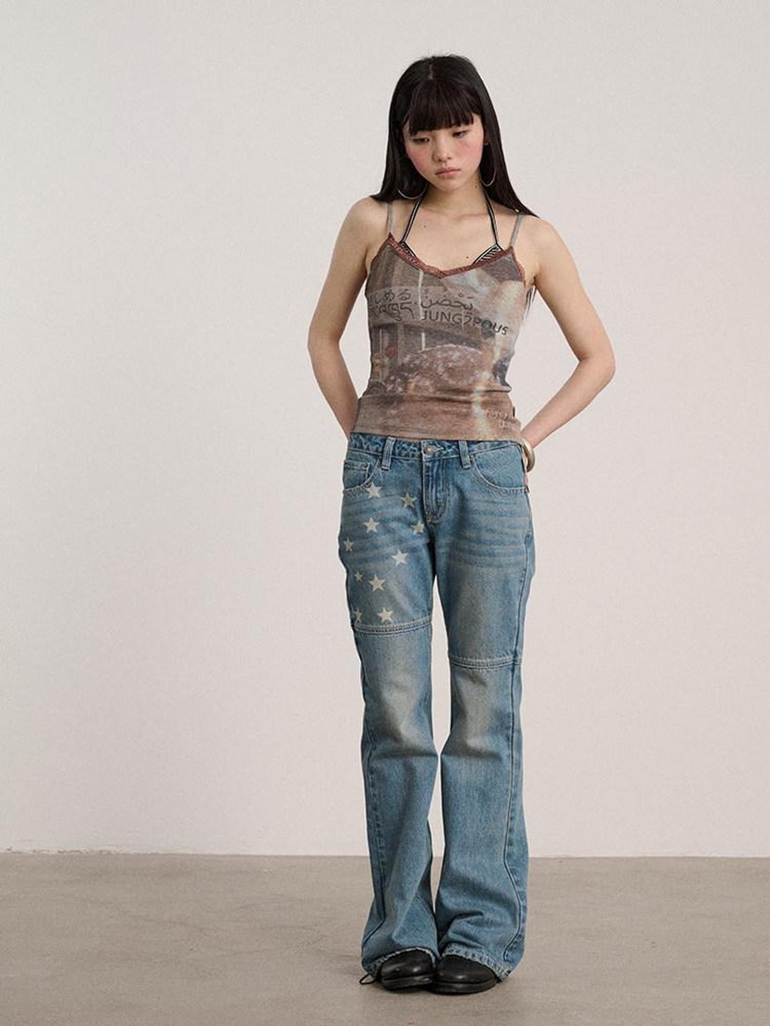 Achihara Letter Print Strappy V-neck Slim Fit Women'S Polyester Lace Camisoles