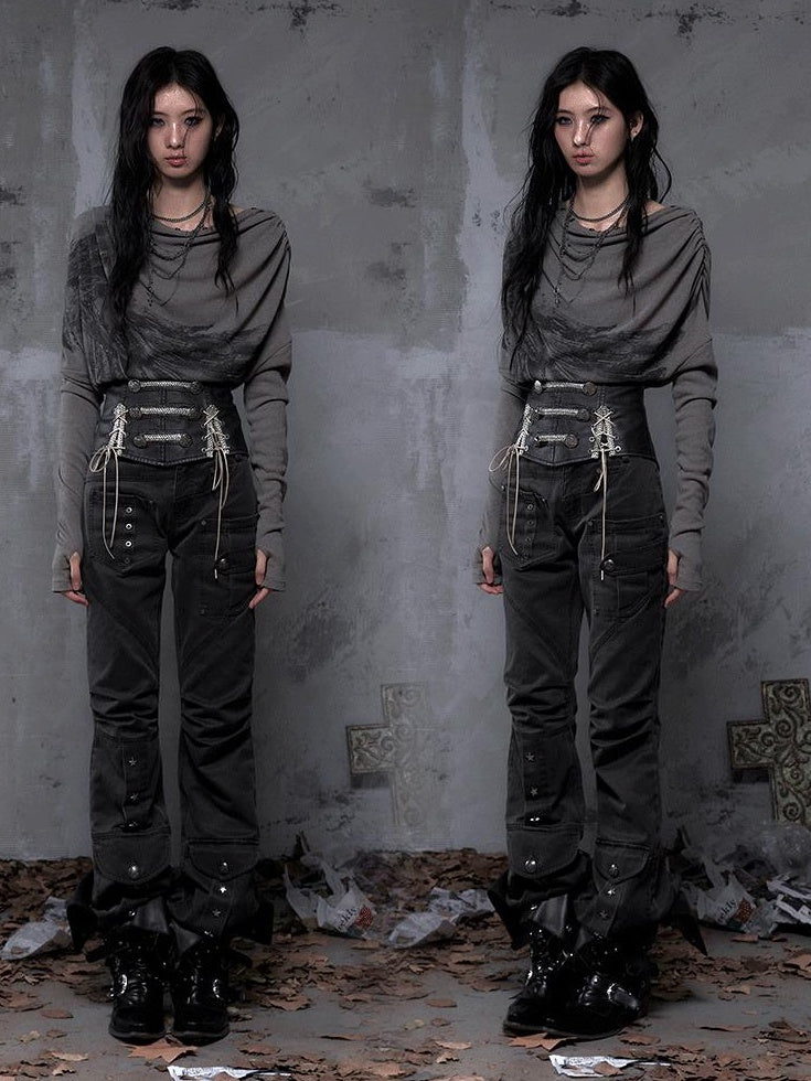 NO ROMANCE Pleated Button Mid Low Rise Subtle Flare Dark Grunge Women Chinos