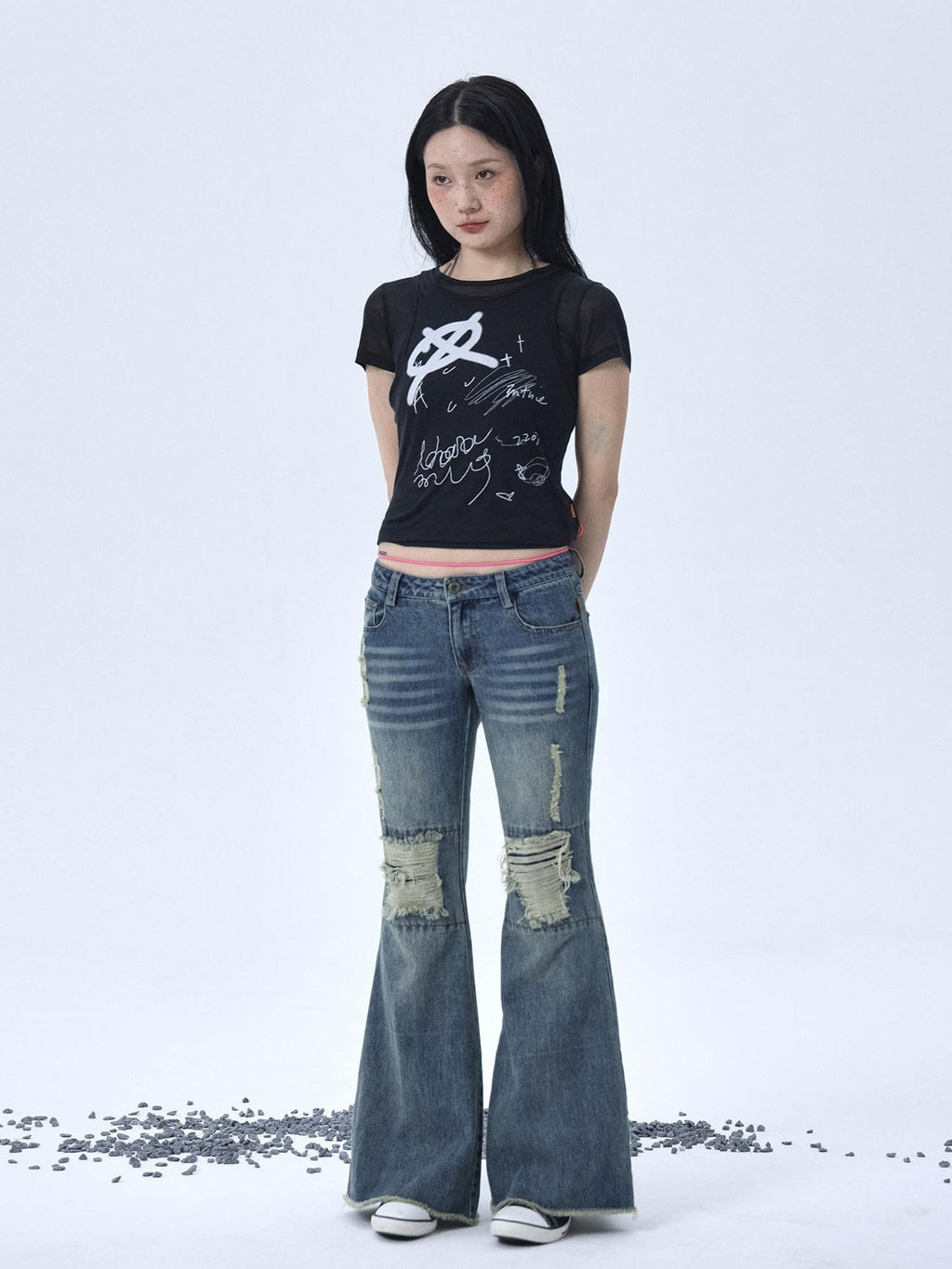 Achihara Vintage Washed Distressed Ripped Low Rise Women'S Denim Flare Jeans