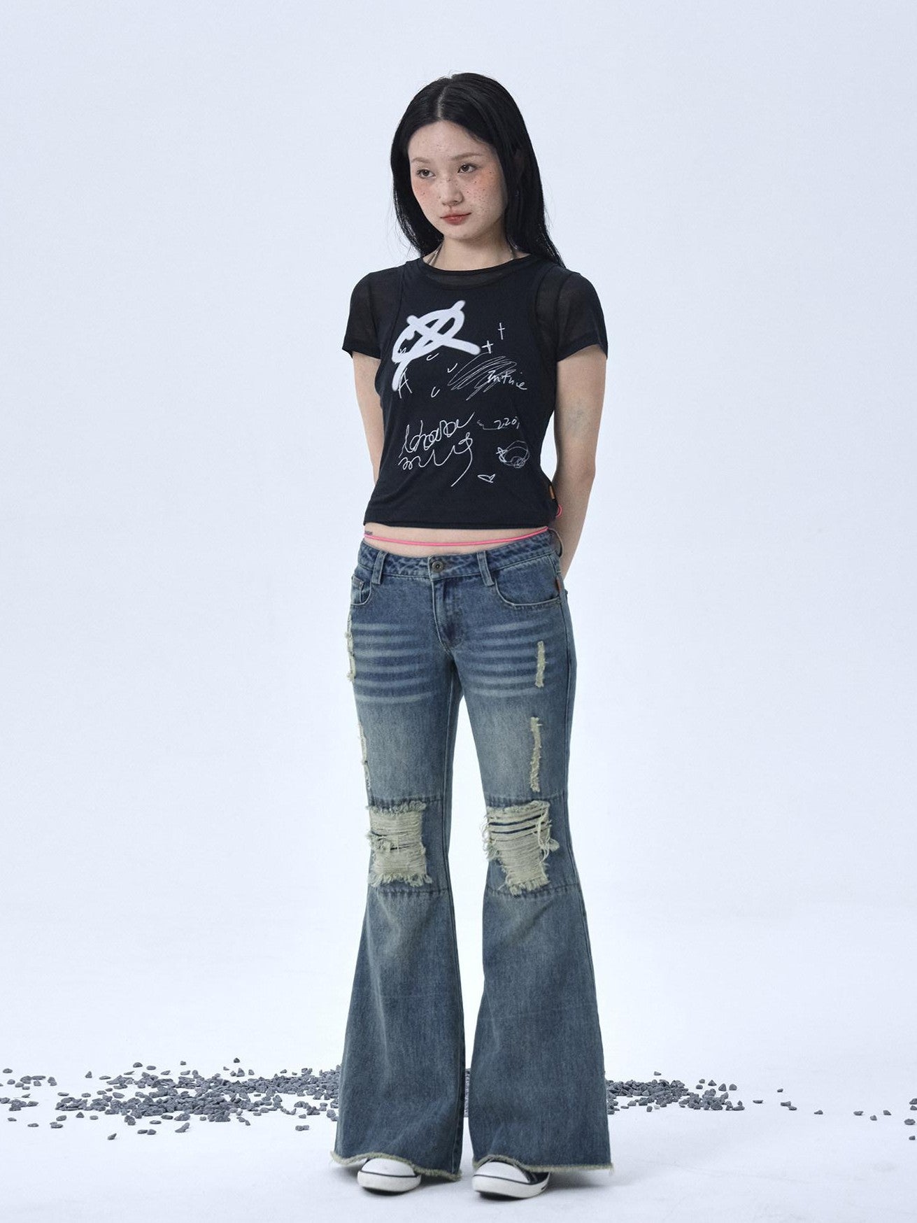 Achihara Vintage Washed Distressed Ripped Low Rise Women'S Denim Flare Jeans