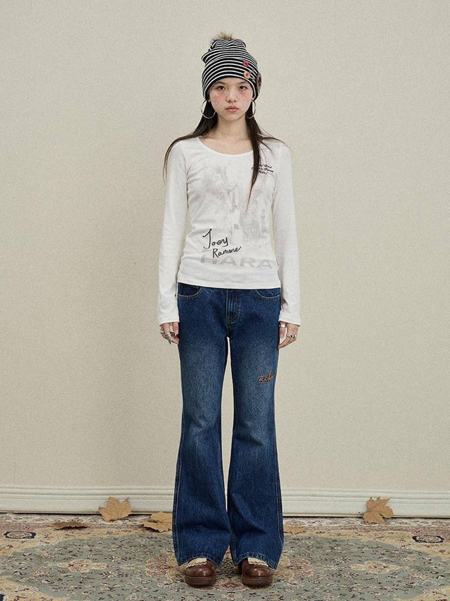 Achihara Slight Embroidered Distressed Wash Slim Women'S Denim Flare Jeans