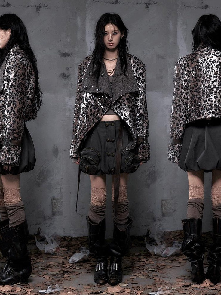 NO ROMANCE Reversible Leopard Print Loose Fit Lapel Long Sleeve Womens Tweed Jackets