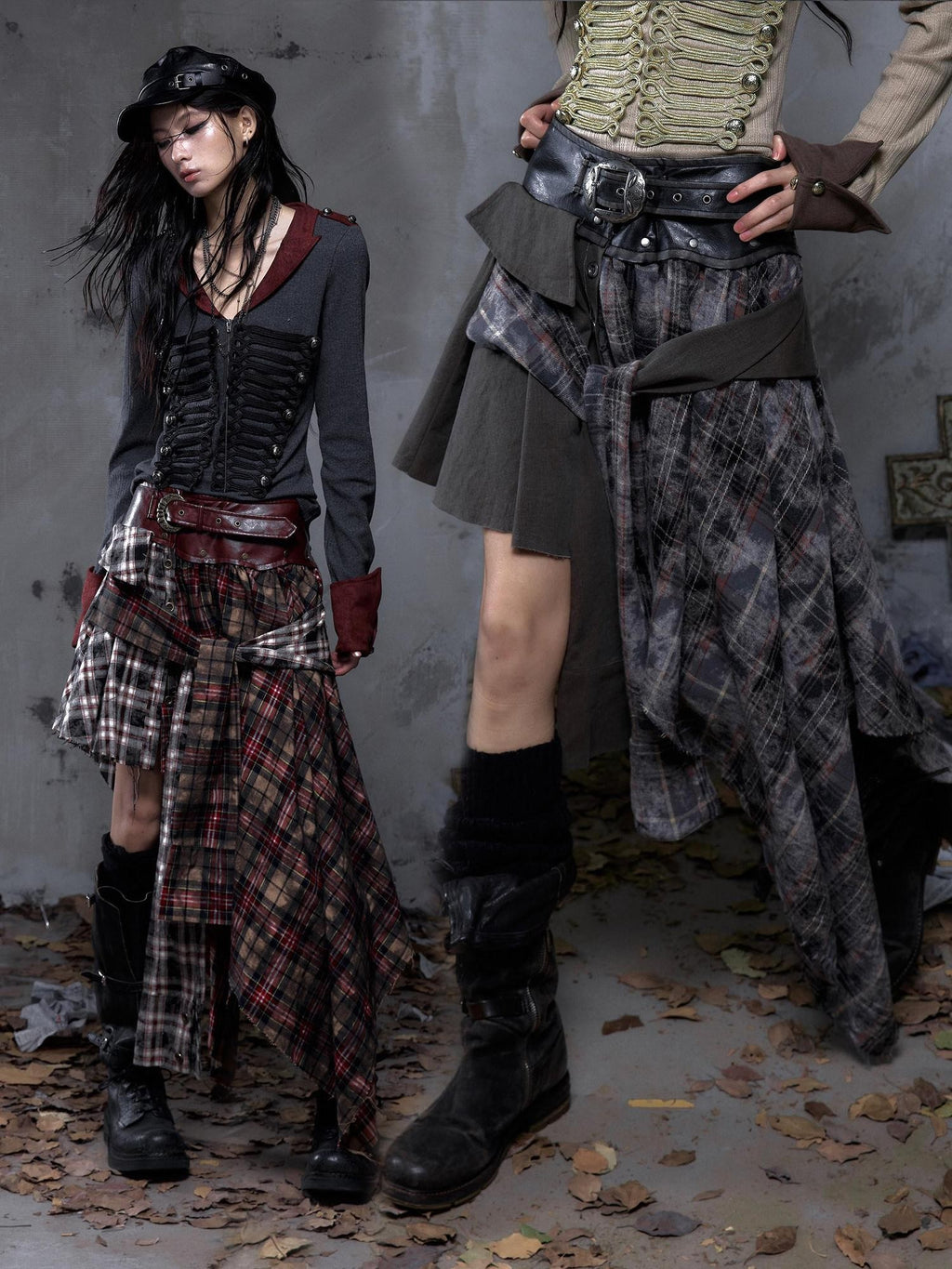 NO ROMANCE Edgy Patchwork Asymmetric Slim Mid Waist Women Citywalk Midi Skirts