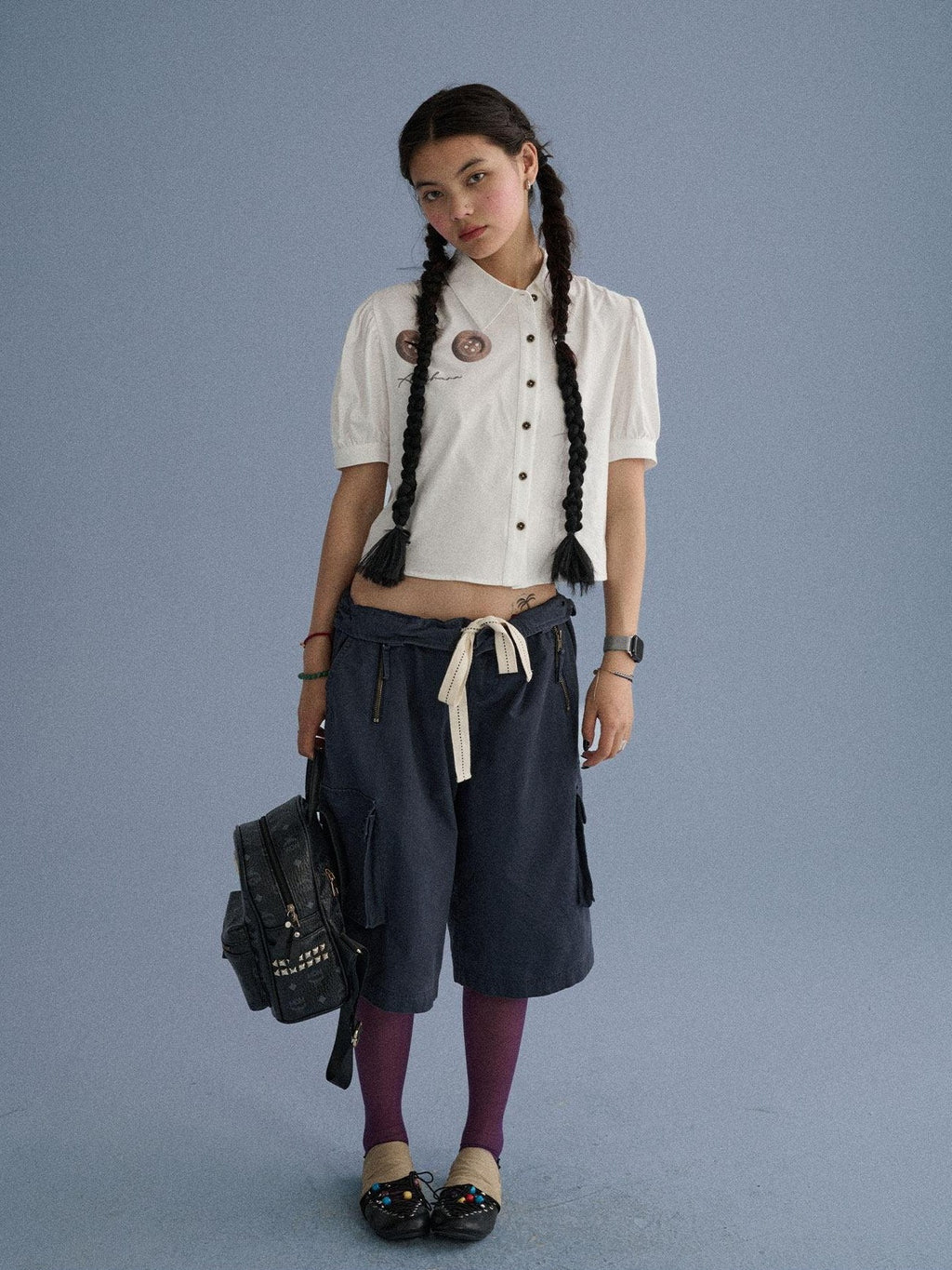 Achihara Blue Grey Buttoned Printed Collared Women'S Cotton Short Sleeve T-Shirts