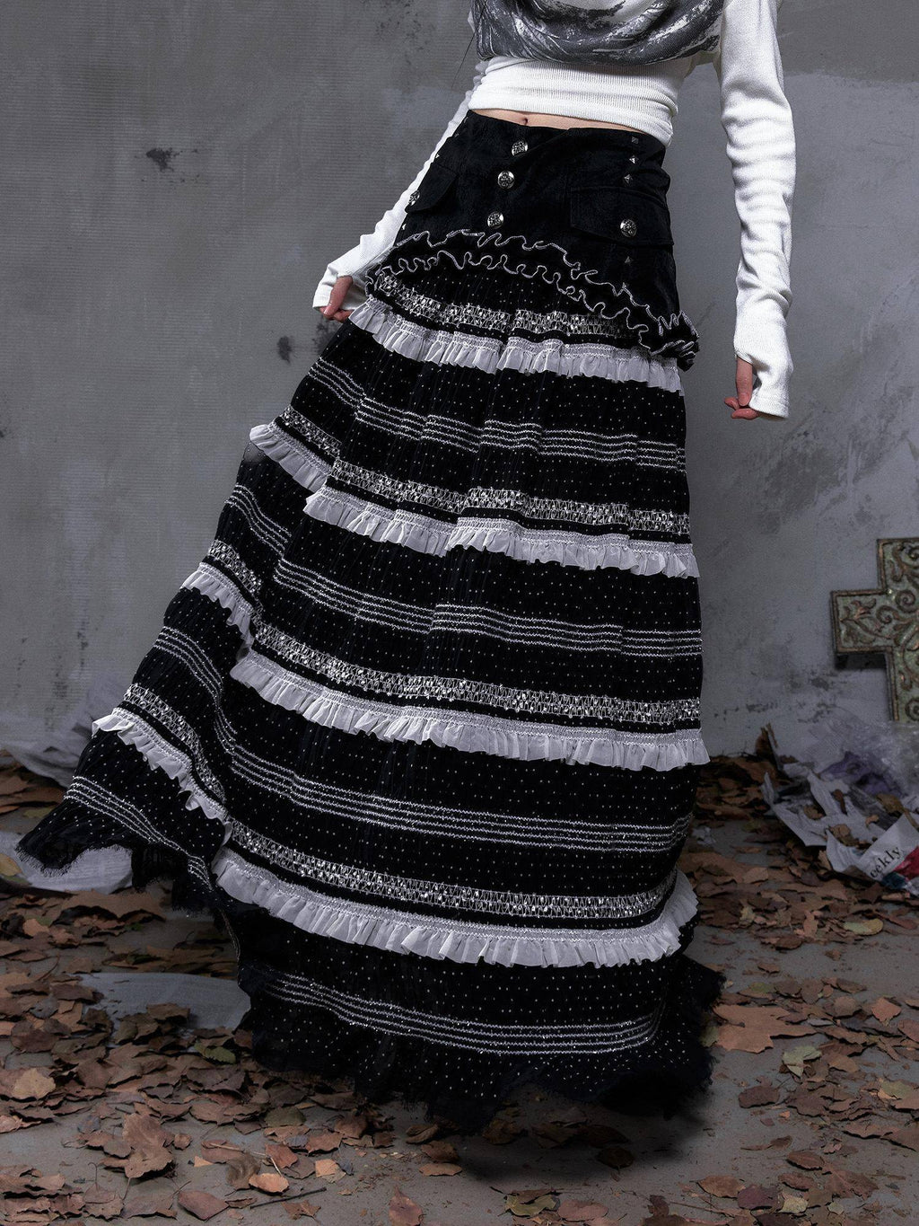 NO ROMANCE High Waist Victorian Lace Patchwork Pu Panel A Line Women Black Maxi Skirts