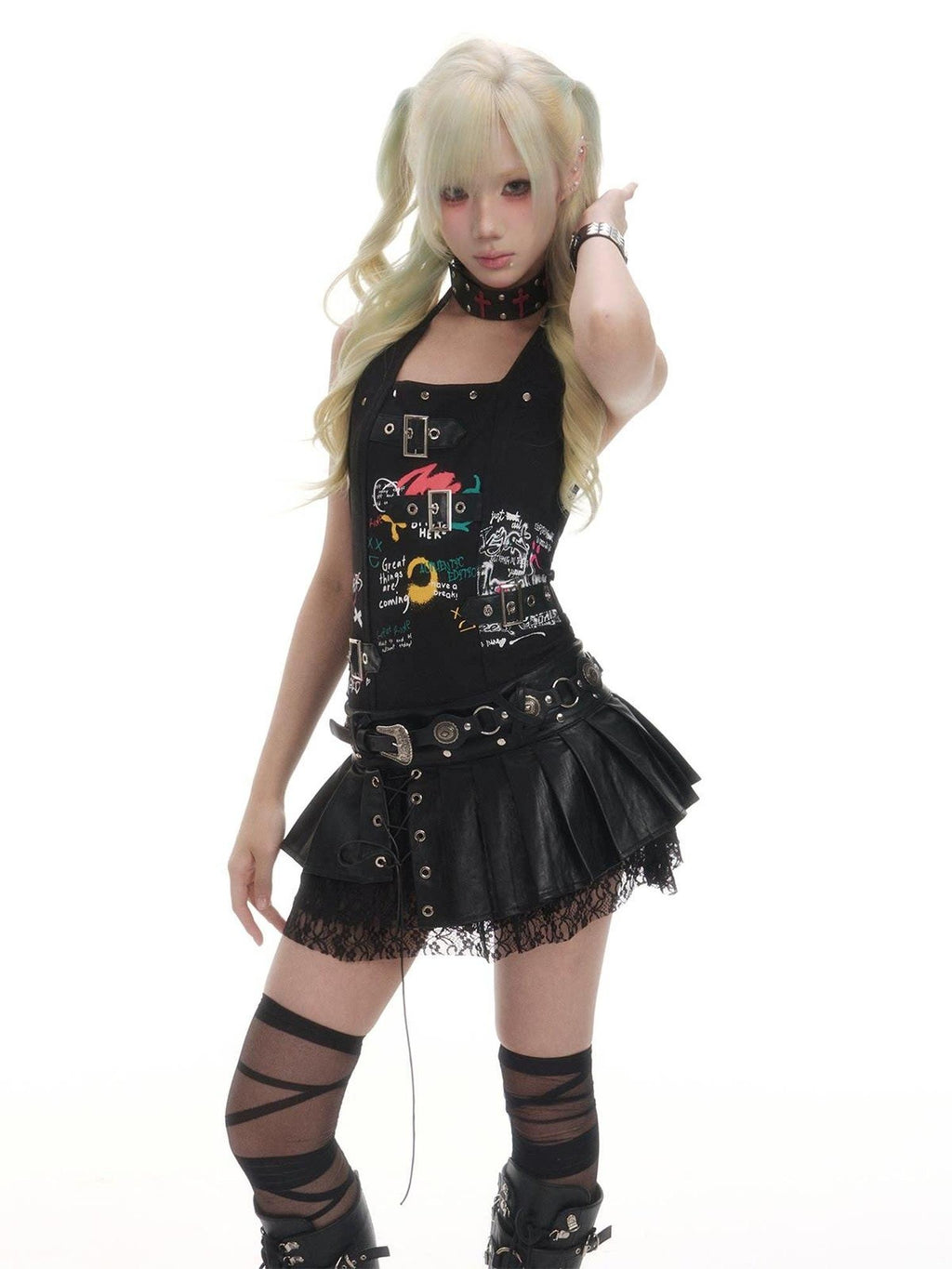 Frustration Garden Edgy Punk Asymmetrical Halter A Line Black Back Zipper Casual Mini Dresses