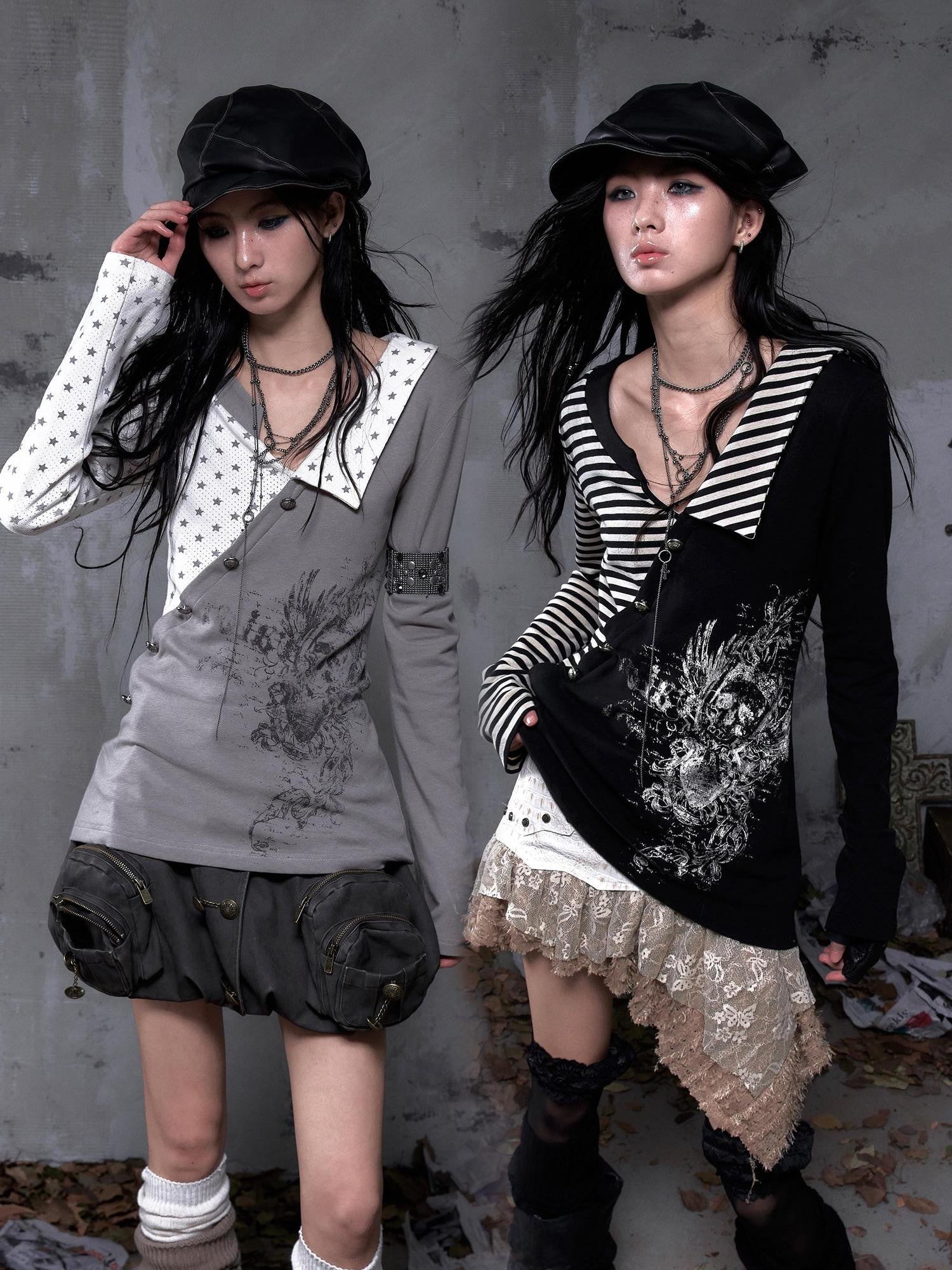 NO ROMANCE Cozy Knit Star Printed Relaxed Polo Collar Women Black Ecru Long Sleeve T-Shirts