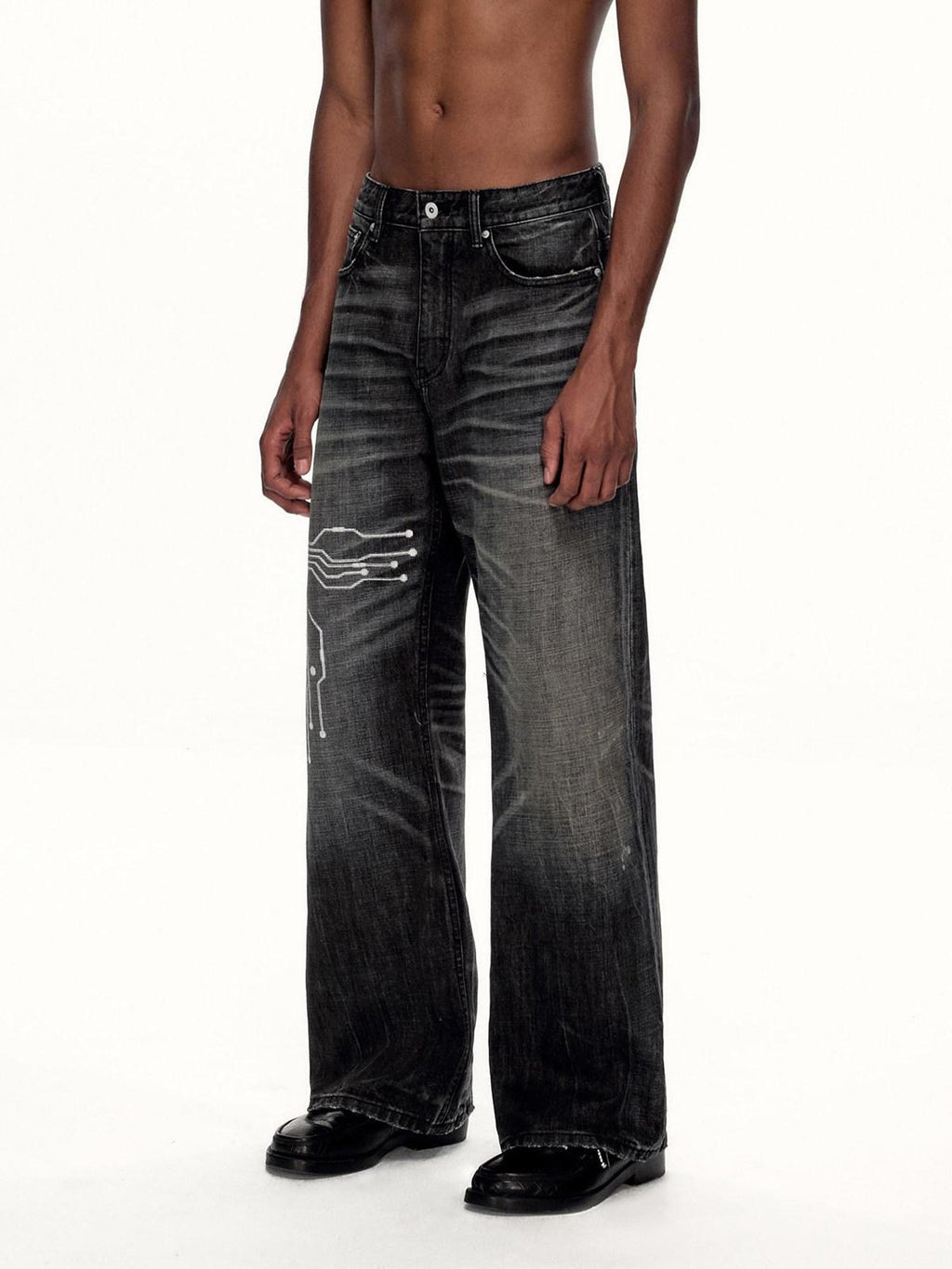 EMOBROTHER Wrinkle Free Whiskered Printed Mid Rise Relaxed Casual Cotton Straight Jeans