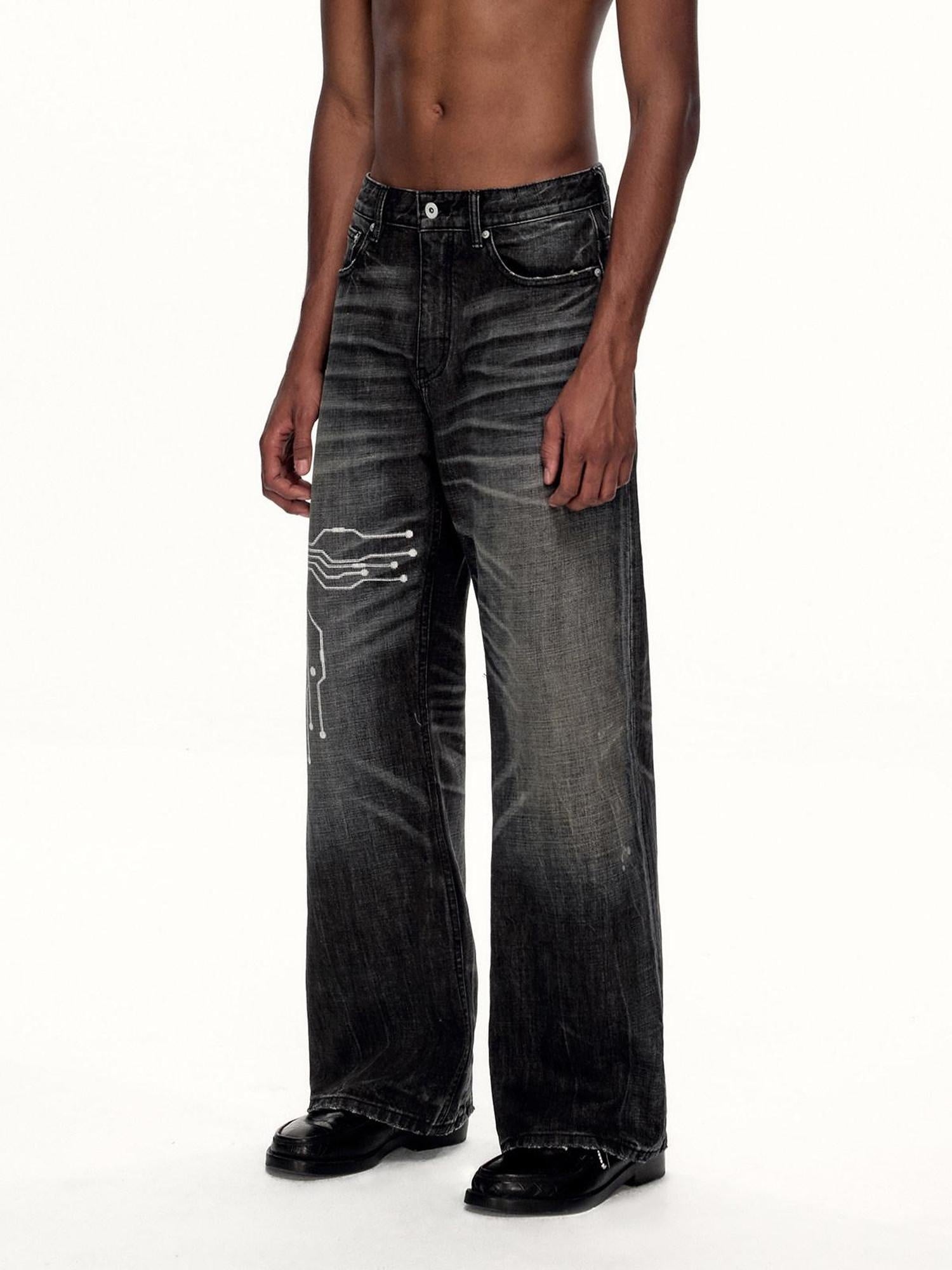 EMOBROTHER Wrinkle Free Whiskered Printed Mid Rise Relaxed Casual Cotton Straight Jeans