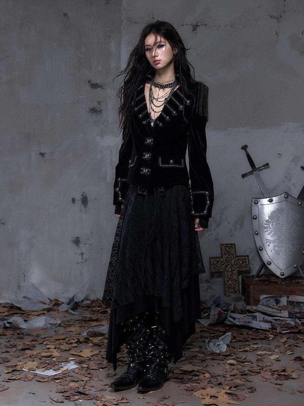NO ROMANCE Light Fleece Lined Fitted Waist Button Long Sleeve Black Cropped Jackets
