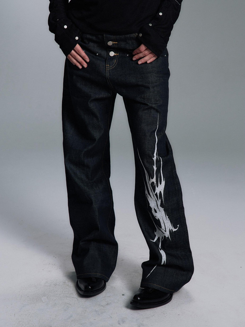 PAIKI Studded Mid Rise Loose Flare Black Denim Casual Men Youth Straight Jeans