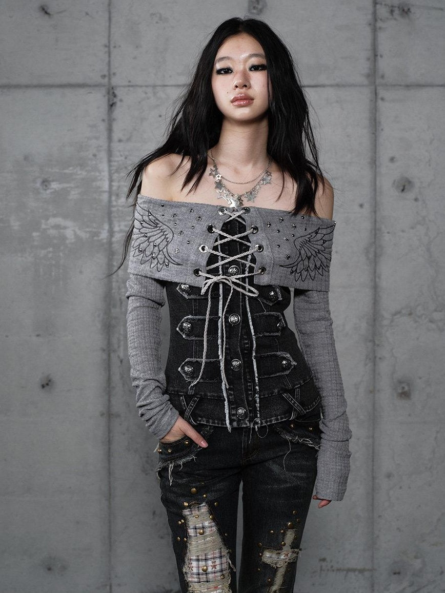 NO ROMANCE Vintage Patchwork Rhinestone Knit Women Washed Gray Long Sleeve T-Shirts