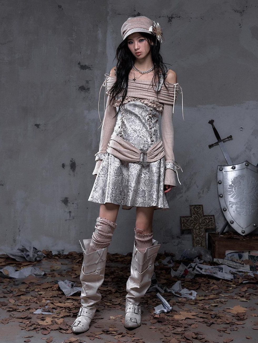 NO ROMANCE Soft Knit Longsleeve Punk A Line Slim Women Khaki Slip Midi Dresses