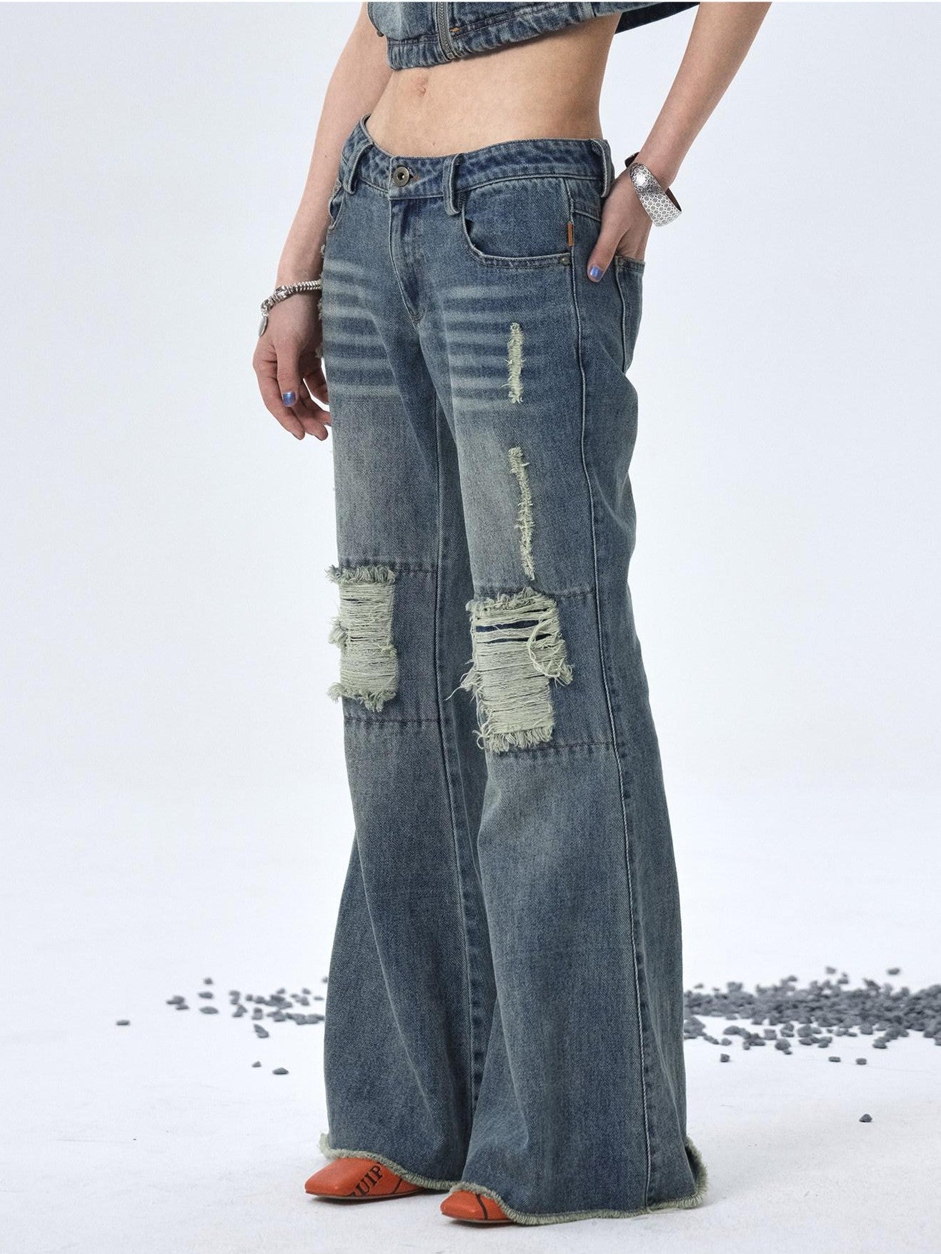 Achihara Vintage Washed Distressed Ripped Low Rise Women'S Denim Flare Jeans
