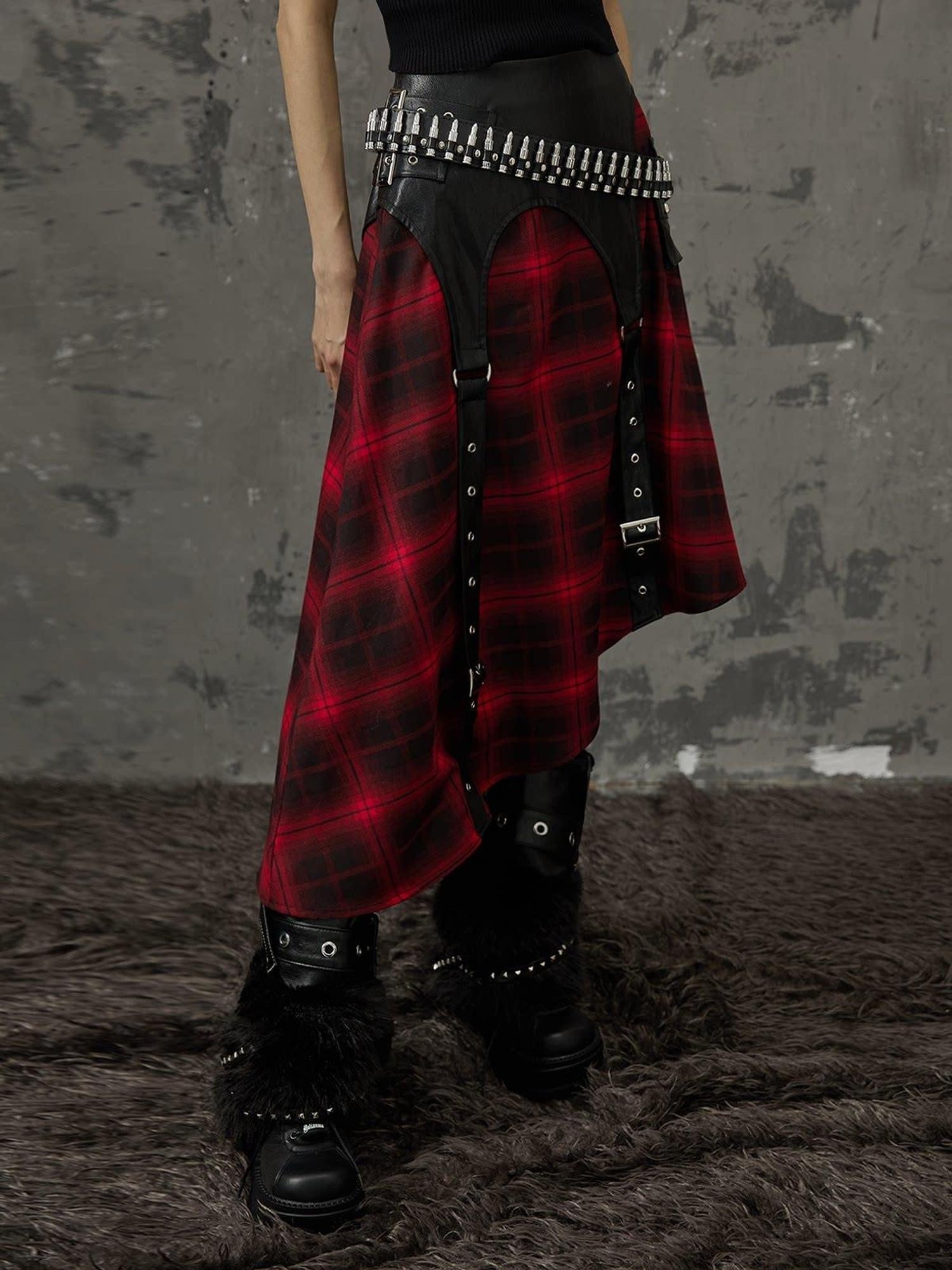 Frustration Garden Edgy Patchwork Asymmetrical A Line Mid Waist Loose Women Black Red Midi Skirts