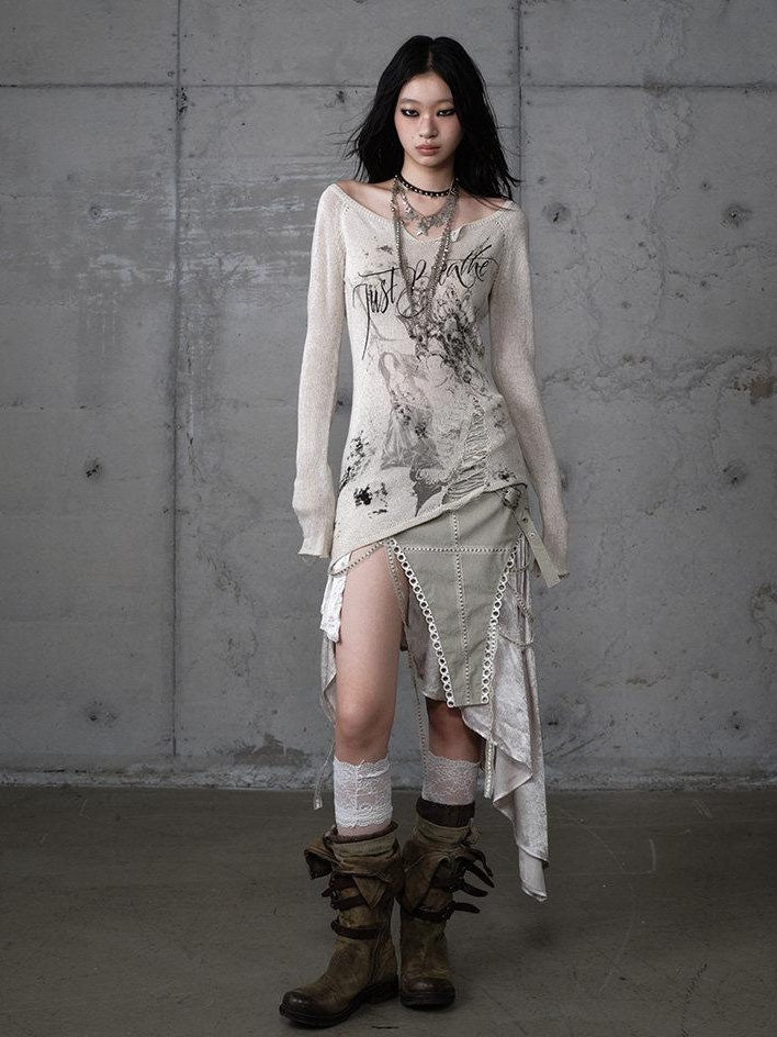 NO ROMANCE Soft Slim Punk V-neck Reversible Distressed Polyester Women Long Sleeve T-Shirts