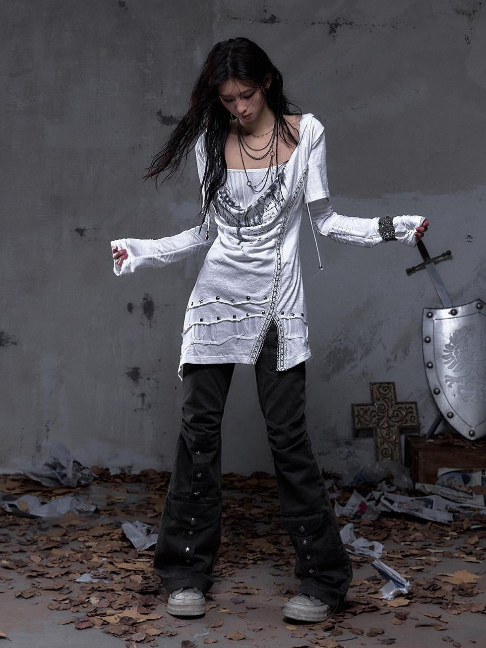 NO ROMANCE Pleated Button Mid Low Rise Subtle Flare Dark Grunge Women Chinos
