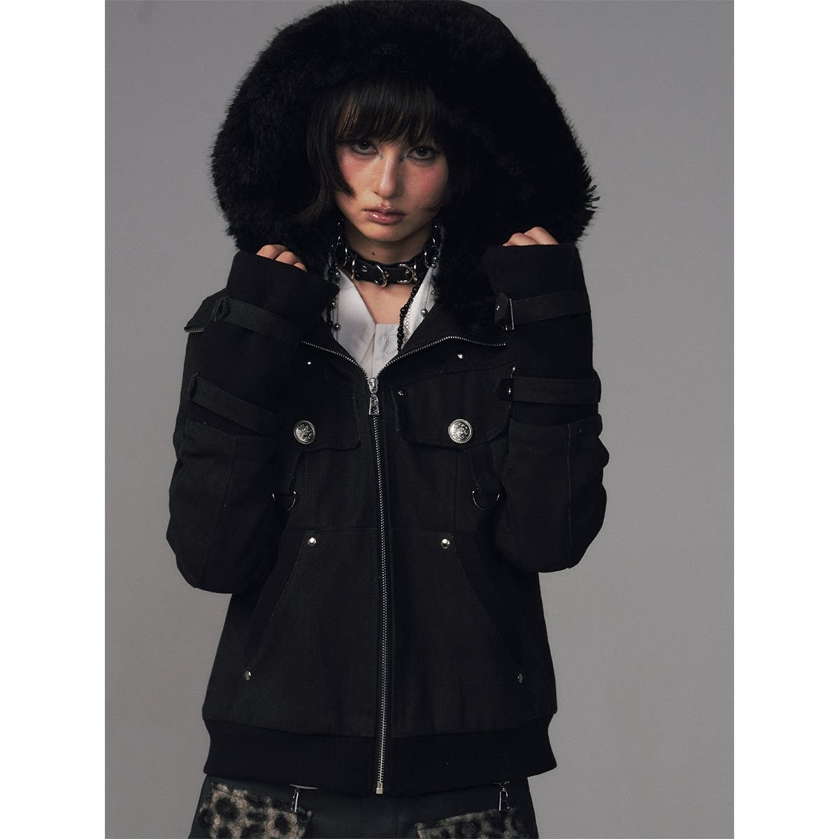 Frustration_Garden_Warm_Cotton_Insulated_Vintage_Distressed_Hooded_Zip_Women_Black_Casual_Jackets_MISSTT