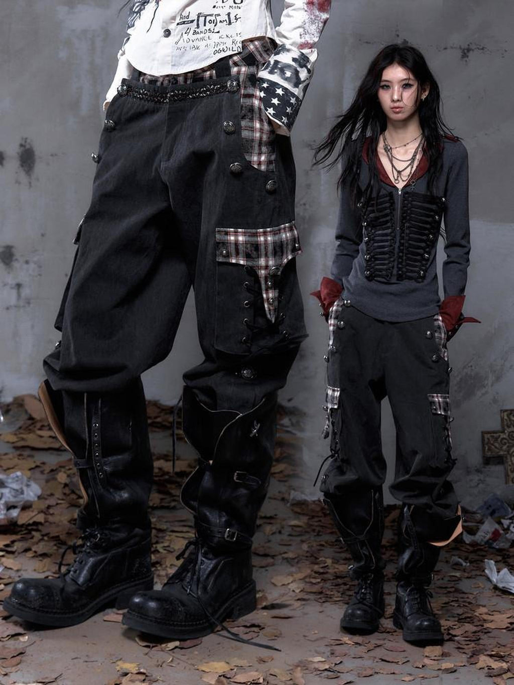 NO ROMANCE Pure Cotton Punk Patchwork Loose Fit Natural Waist Button Fly Women Pants Chinos