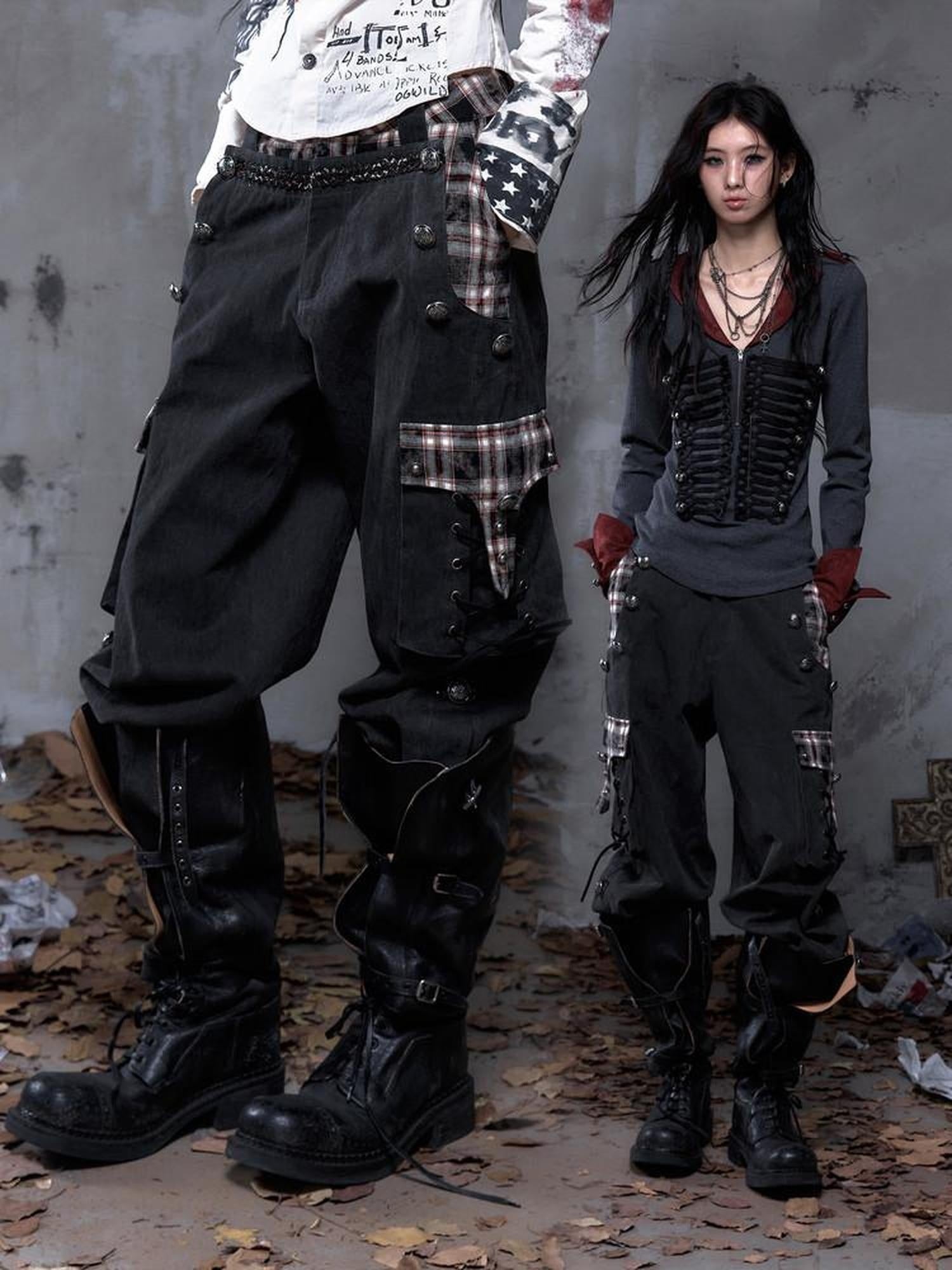 NO ROMANCE Pure Cotton Punk Patchwork Loose Fit Natural Waist Button Fly Women Pants Chinos