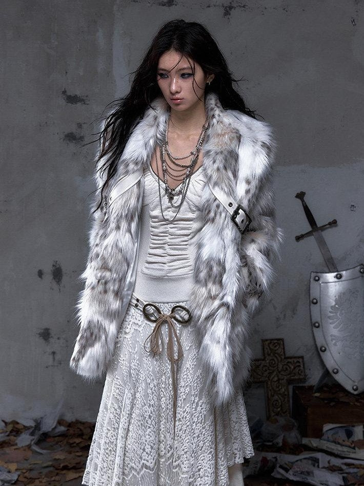 NO ROMANCE Insulated Retro Relaxed Midlength Lapel Fur Trim Women Ivory Puffer Jackets