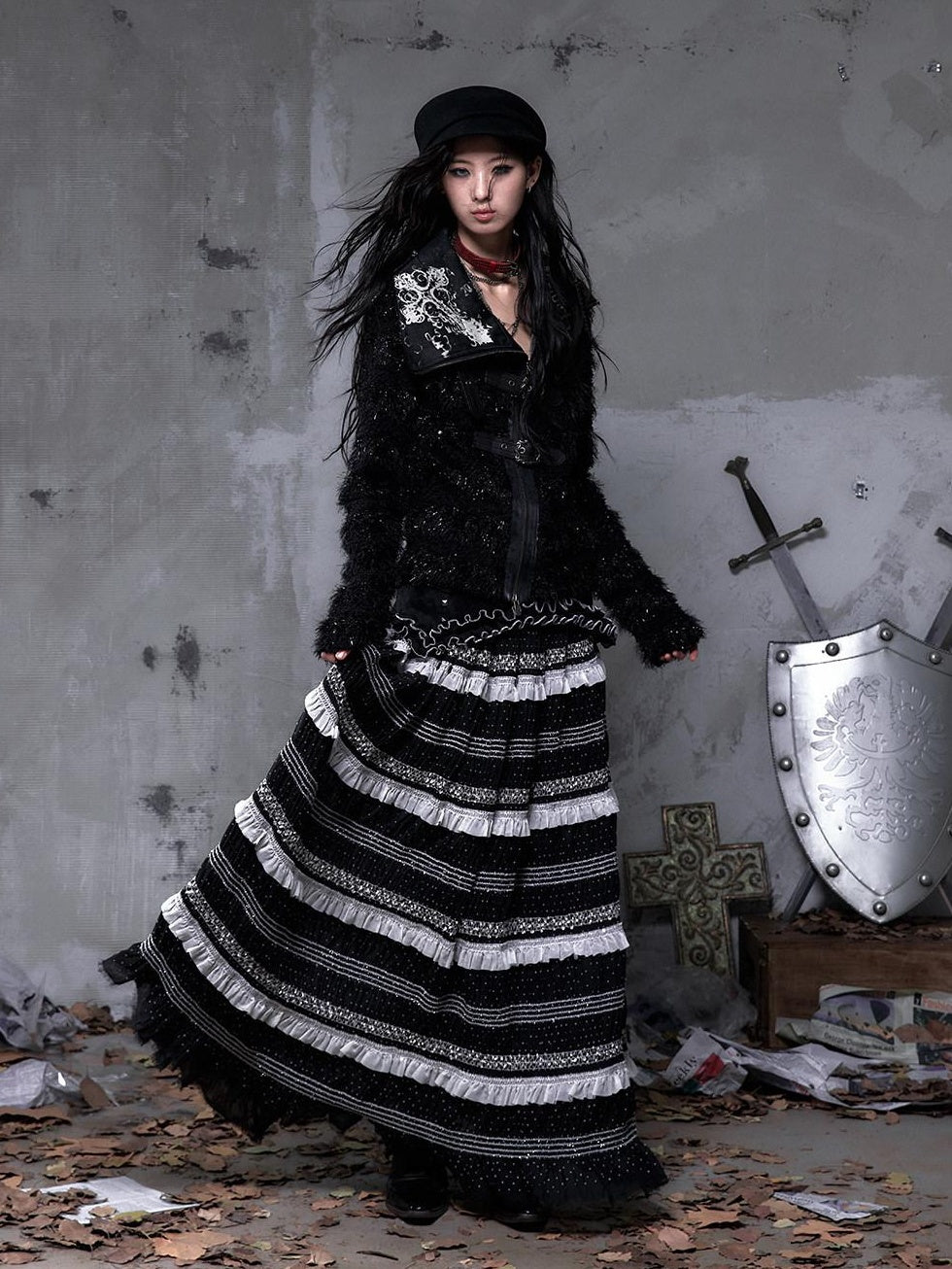NO ROMANCE High Waist Victorian Lace Patchwork Pu Panel A Line Women Black Maxi Skirts