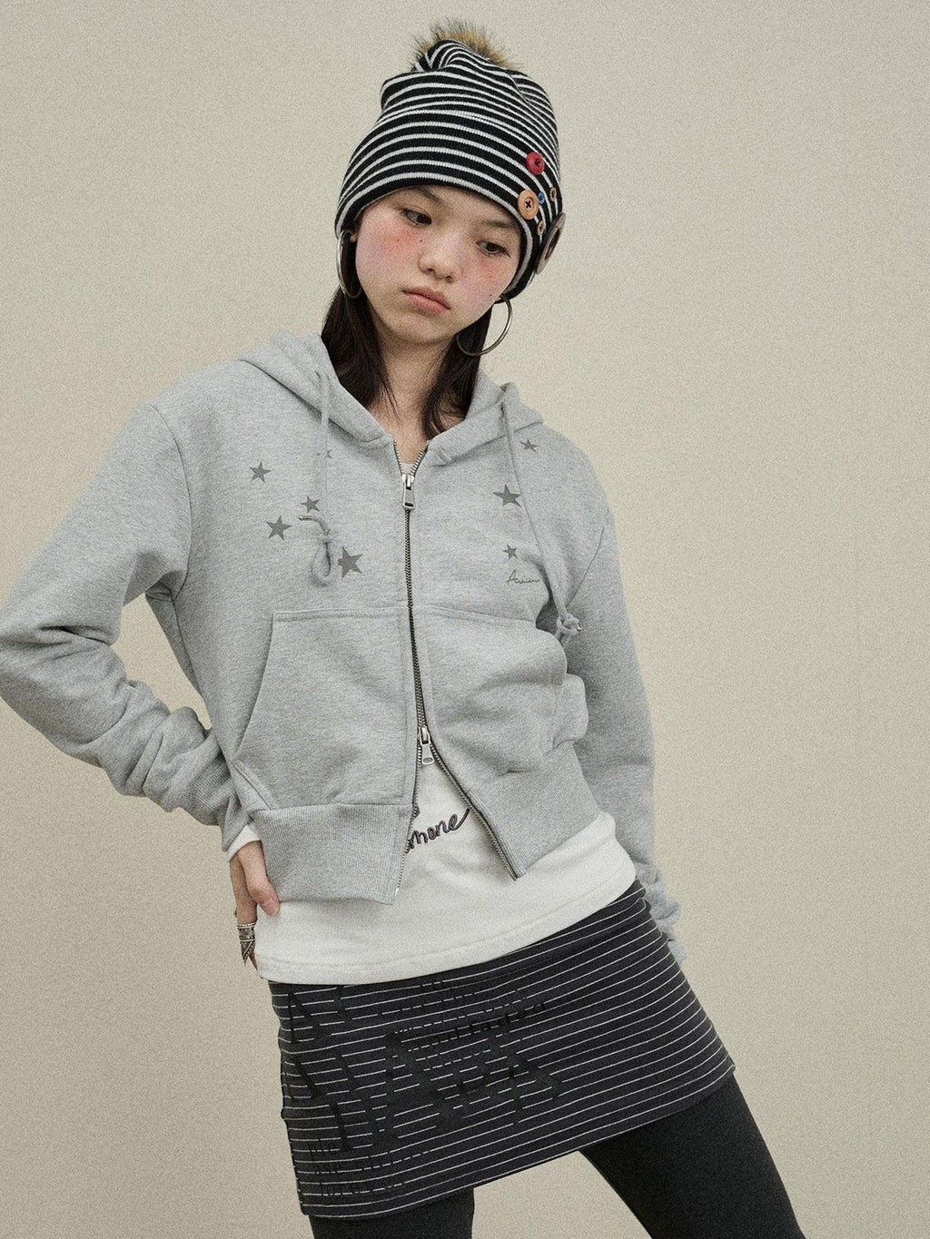 Achihara Star Print Cropped Zip Hooded Slim Fit Long Sleeve Women'S Cotton Hoodies