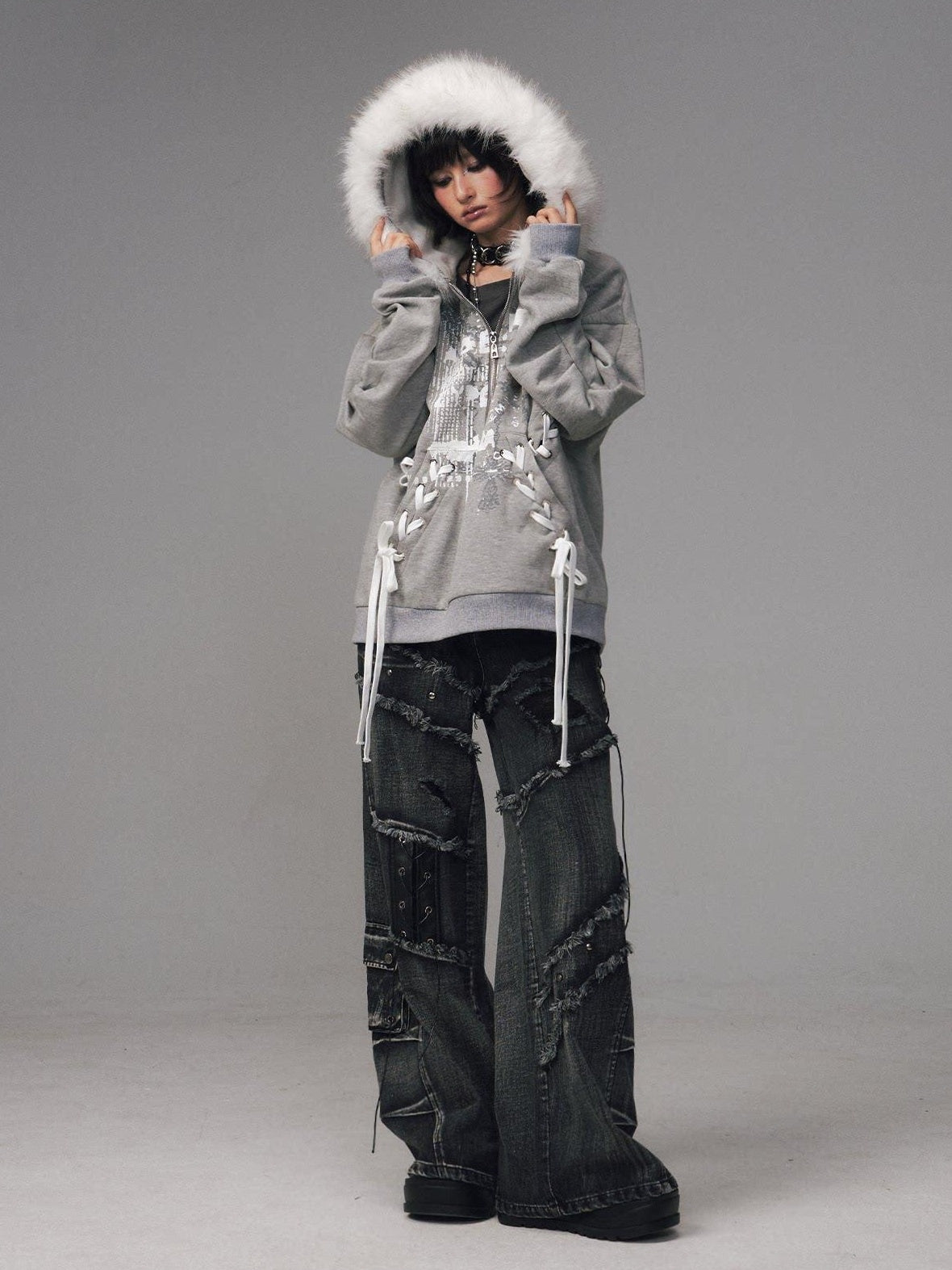 Frustration Garden Original Design Loose Fit Printed Fur Collar Zip Hooded Warm Gray Women Hoodies