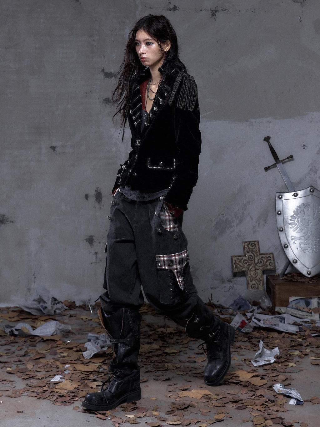 NO ROMANCE Pure Cotton Punk Patchwork Loose Fit Natural Waist Button Fly Women Pants Chinos