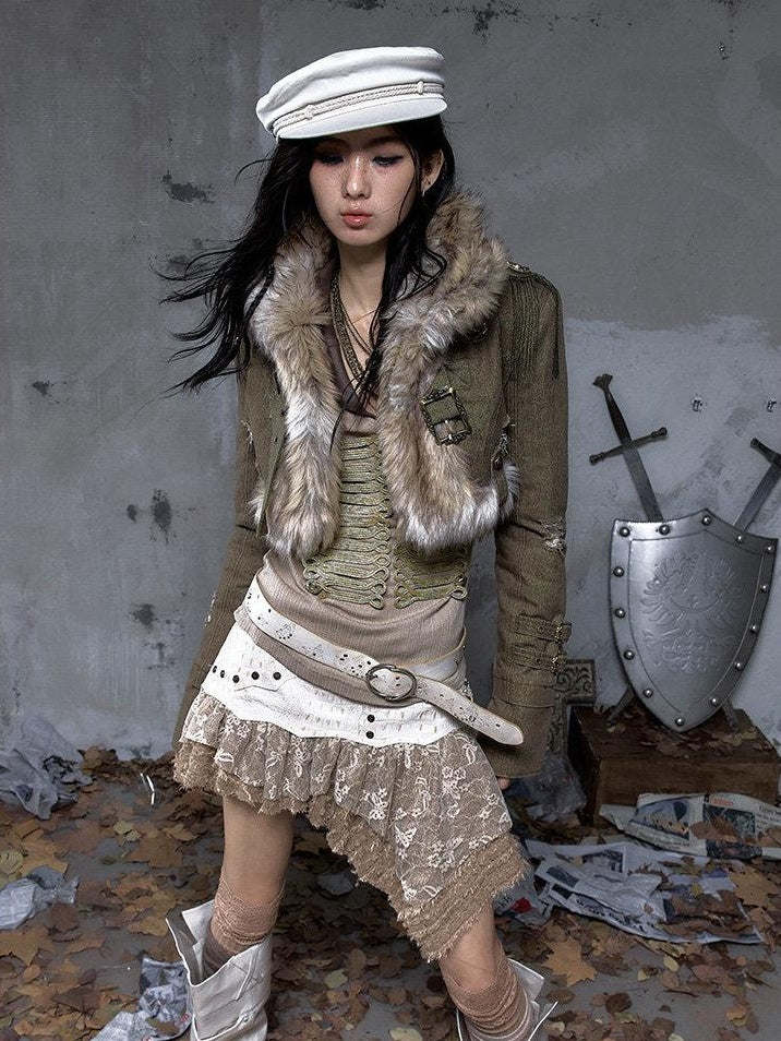 NO ROMANCE Distressed Vintage Slim Fit Cropped Long Sleeve Women Gold Khaki Casual Jackets
