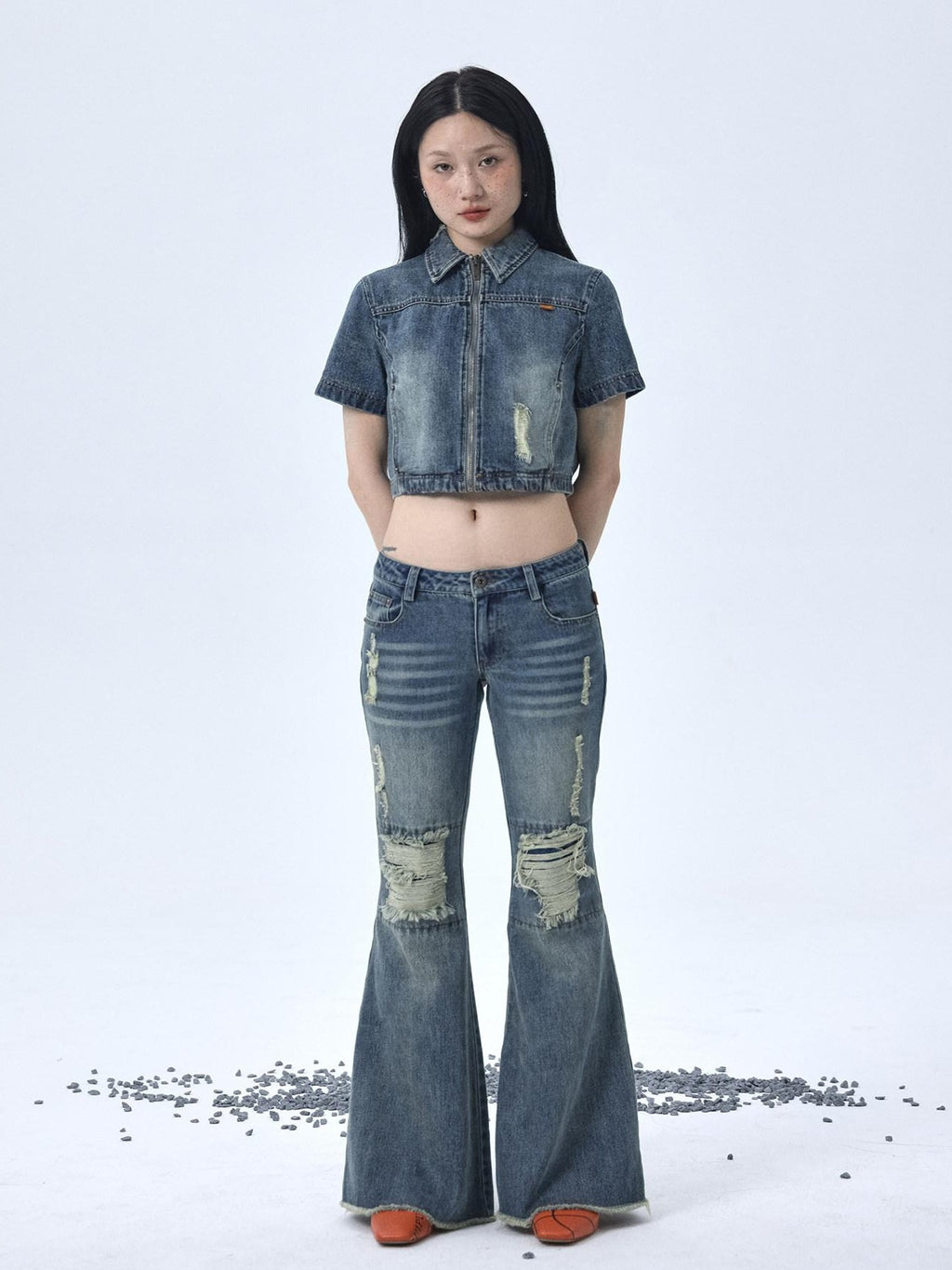 Achihara Vintage Washed Distressed Ripped Low Rise Women'S Denim Flare Jeans