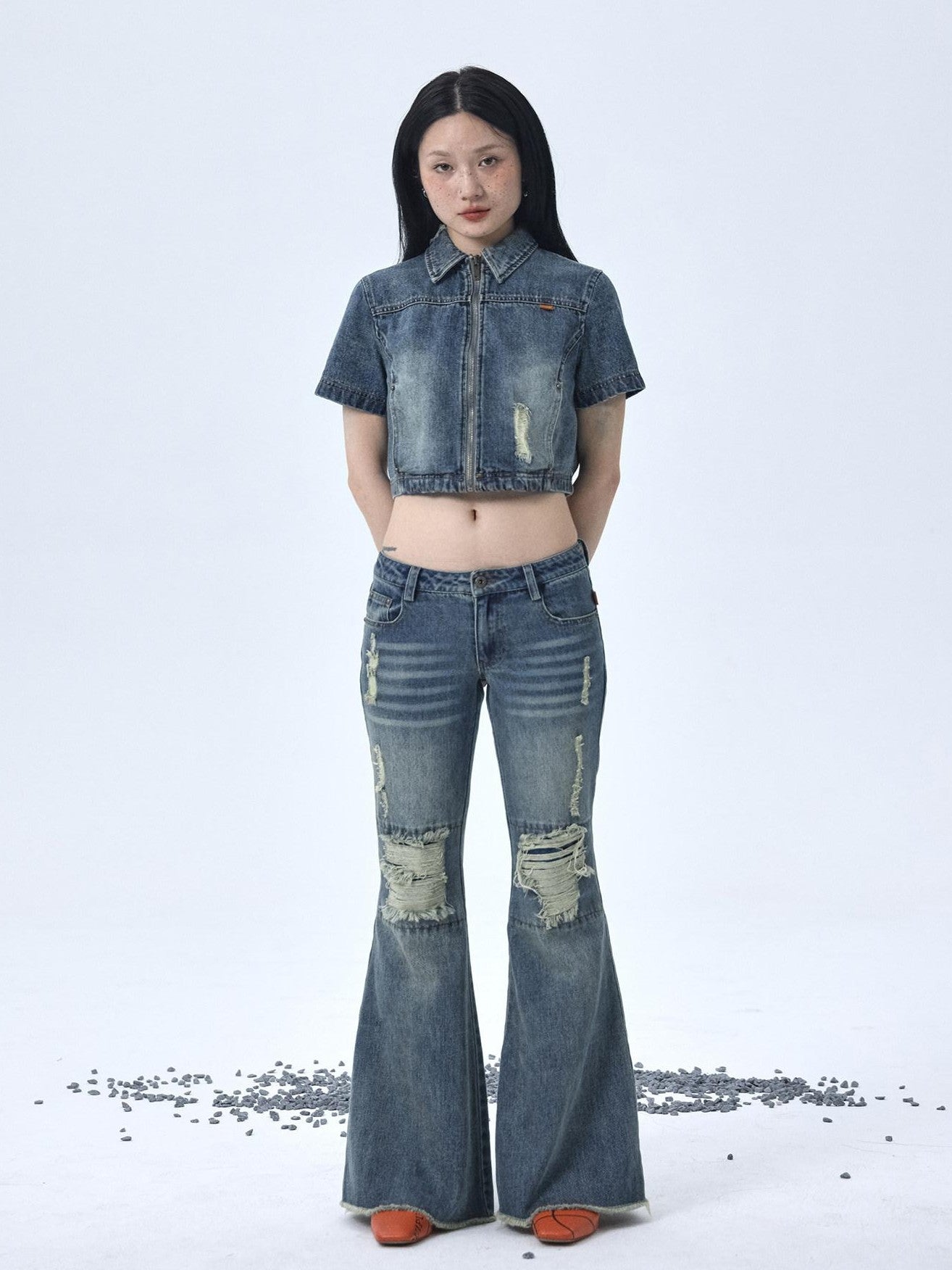 Achihara Vintage Washed Distressed Ripped Low Rise Women'S Denim Flare Jeans