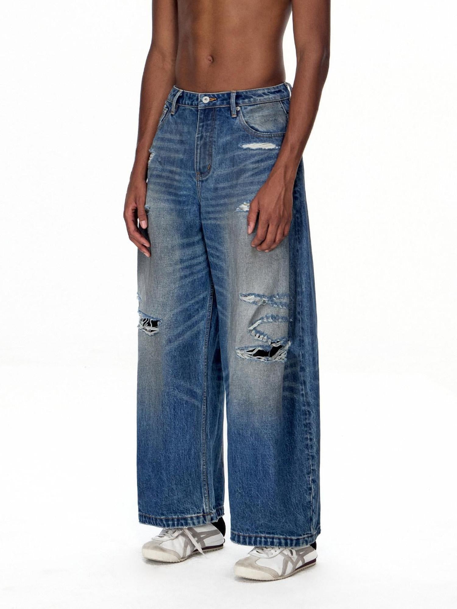 EMOBROTHER Distressed Washed Mid High Waist 100% Cotton Casual Blue Wide-Leg Jeans