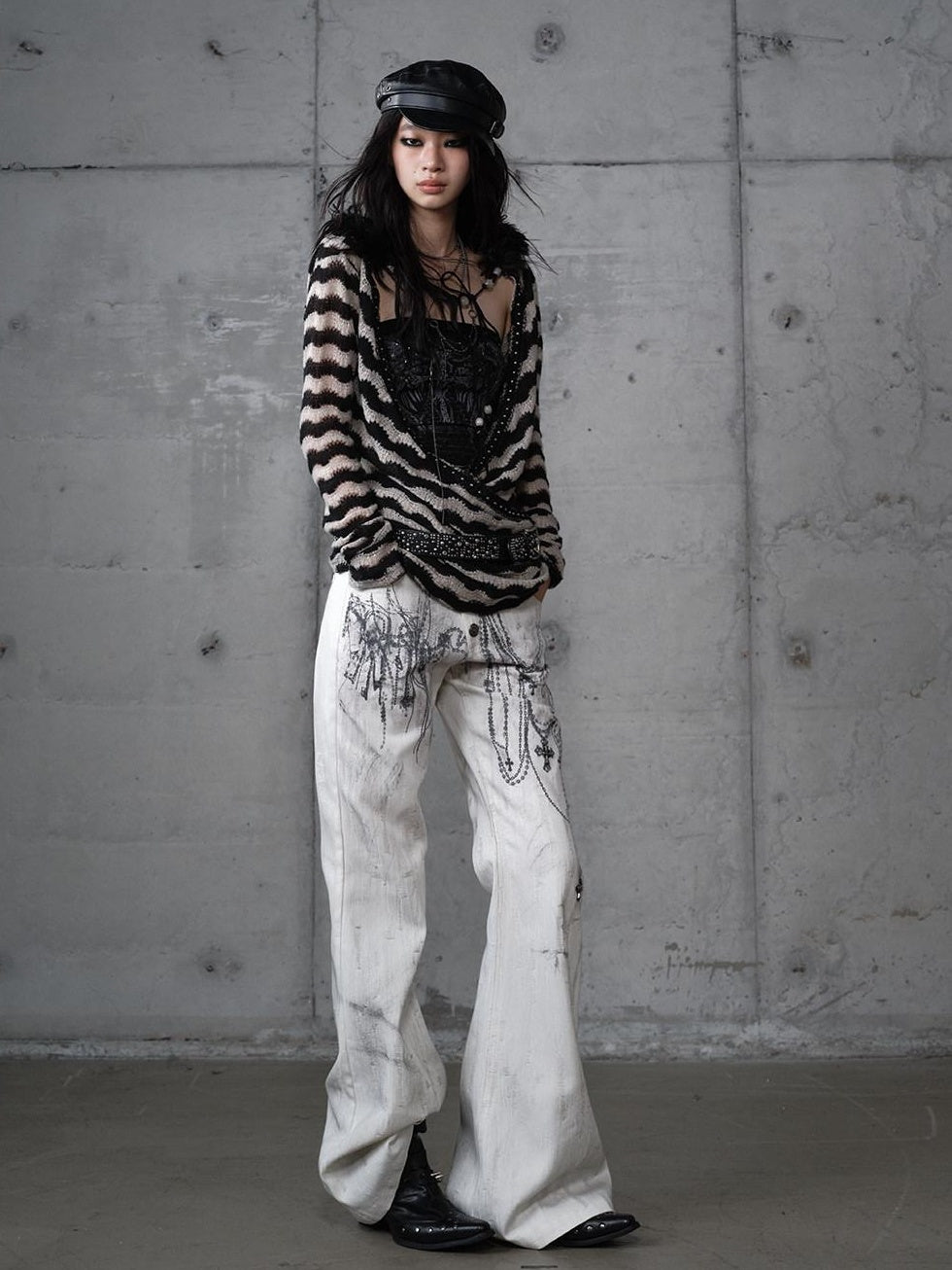 NO ROMANCE Dyed Punk Washed White Loose Fit Natural Waist Cotton Women Wide-Leg Jeans