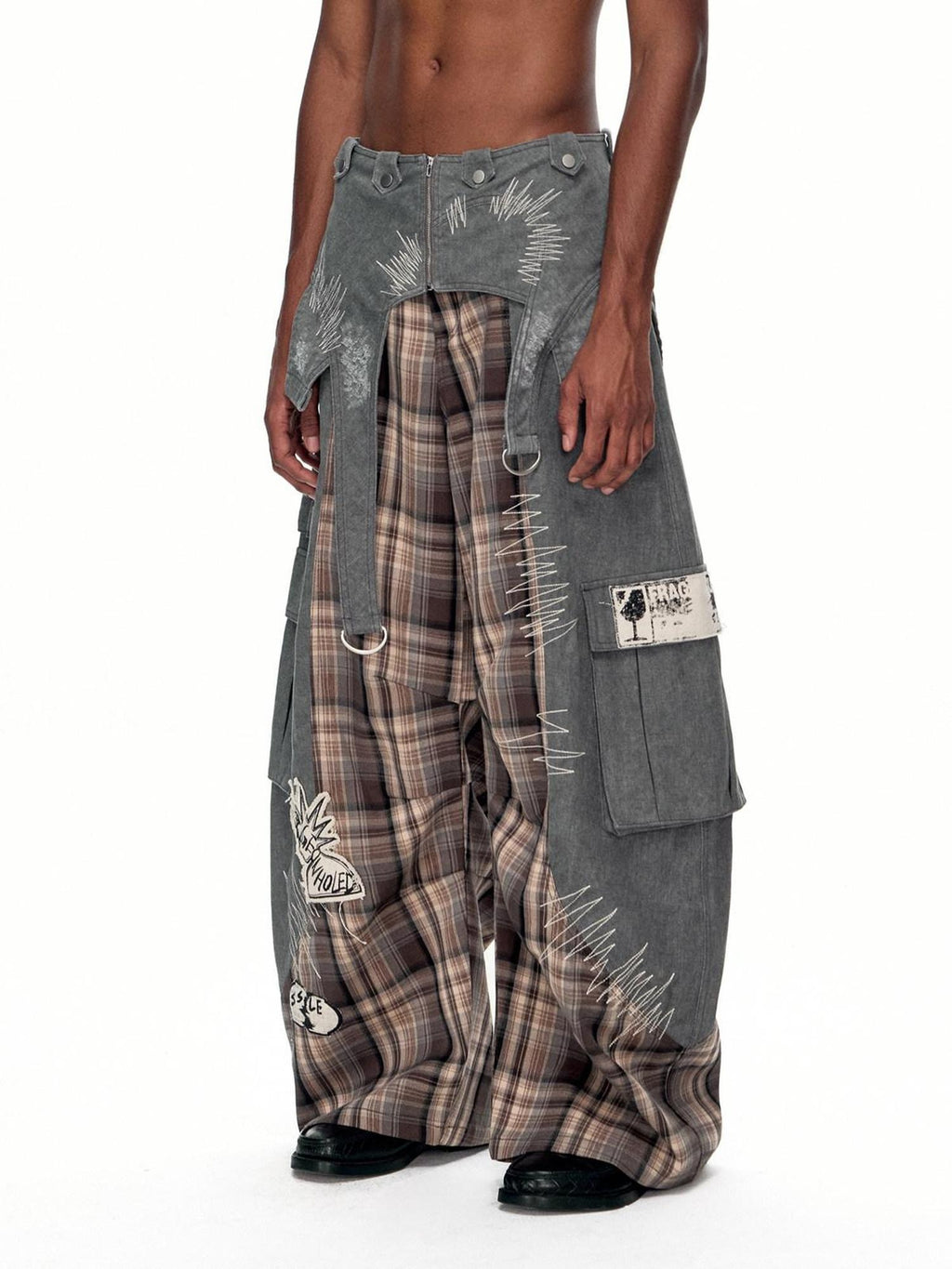 EMOBROTHER Wrinkle Free Embroidered Cargo Mid Rise Cotton Gray Casual Wide-Leg Pants