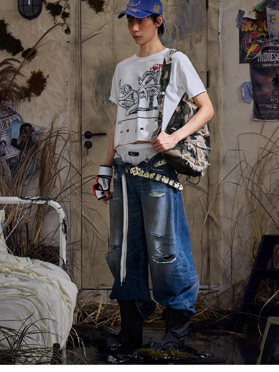 EMOBROTHER Distressed Washed Mid High Waist 100% Cotton Casual Blue Wide-Leg Jeans