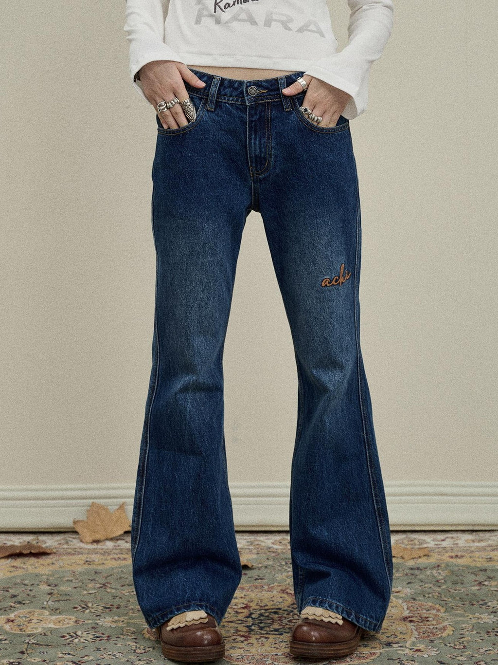 Achihara Slight Embroidered Distressed Wash Slim Women'S Denim Flare Jeans