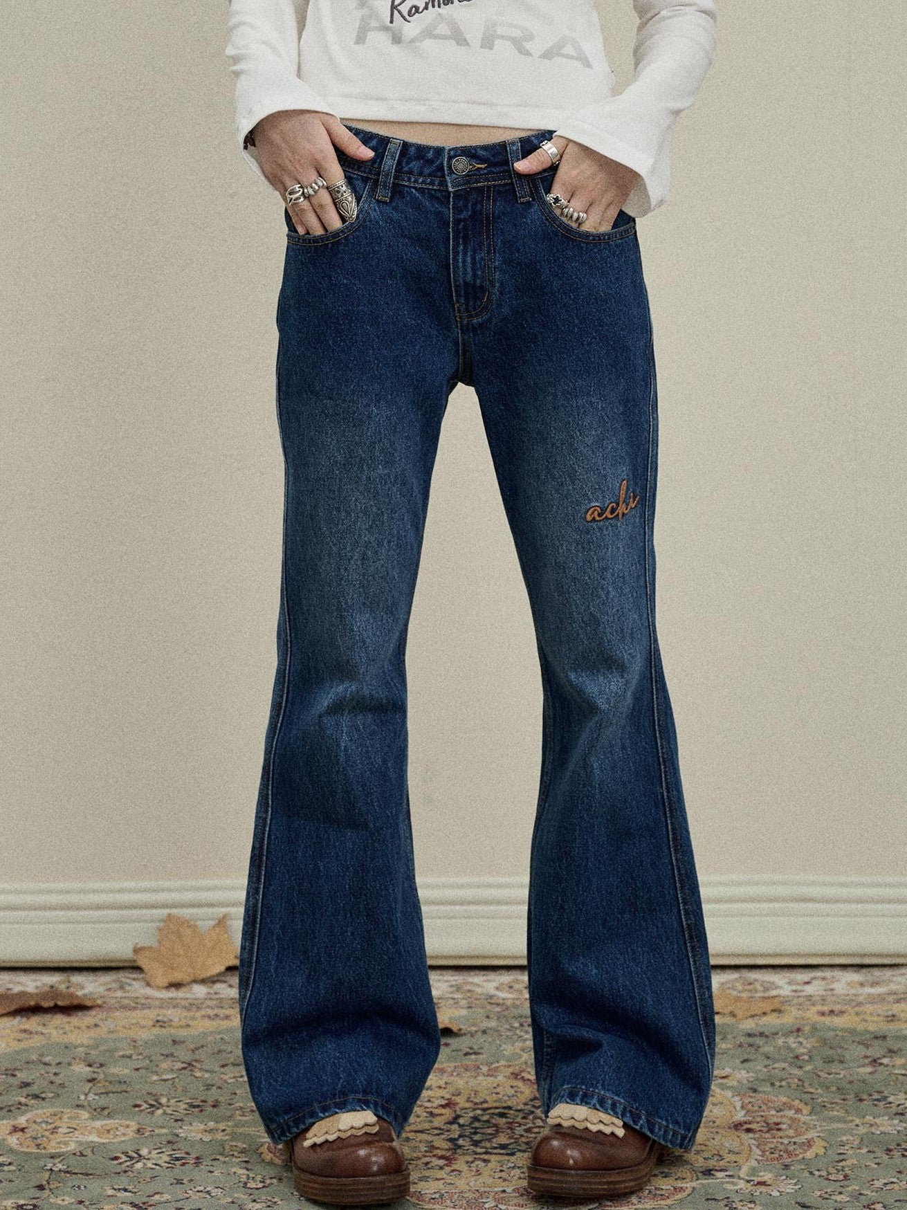 Achihara Slight Embroidered Distressed Wash Slim Women'S Denim Flare Jeans