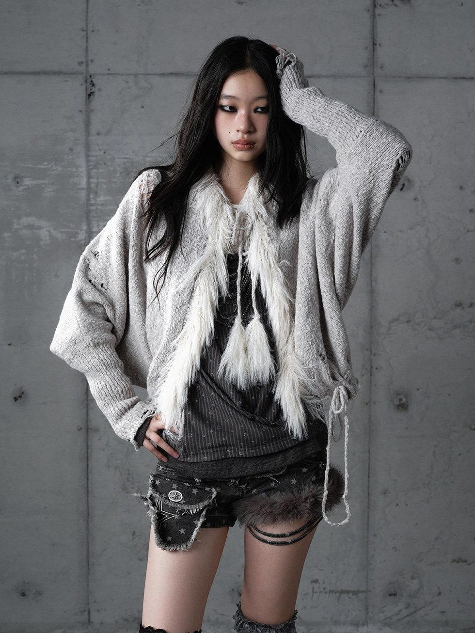 NO ROMANCE Cozy Wool Blend Vintage Loose Fringe Batwing Cardigan Women Knit Sweaters