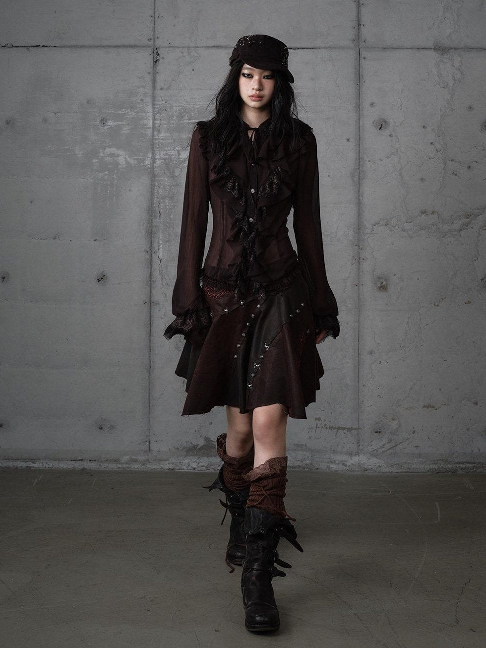NO ROMANCE Embroidered Regal Asymmetric Mid Rise Loose Casual Girls Dark Brown Mini Skirts