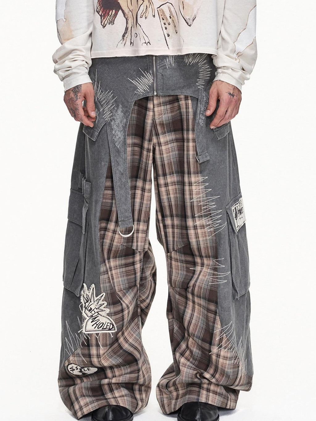 EMOBROTHER Wrinkle Free Embroidered Cargo Mid Rise Cotton Gray Casual Wide-Leg Pants