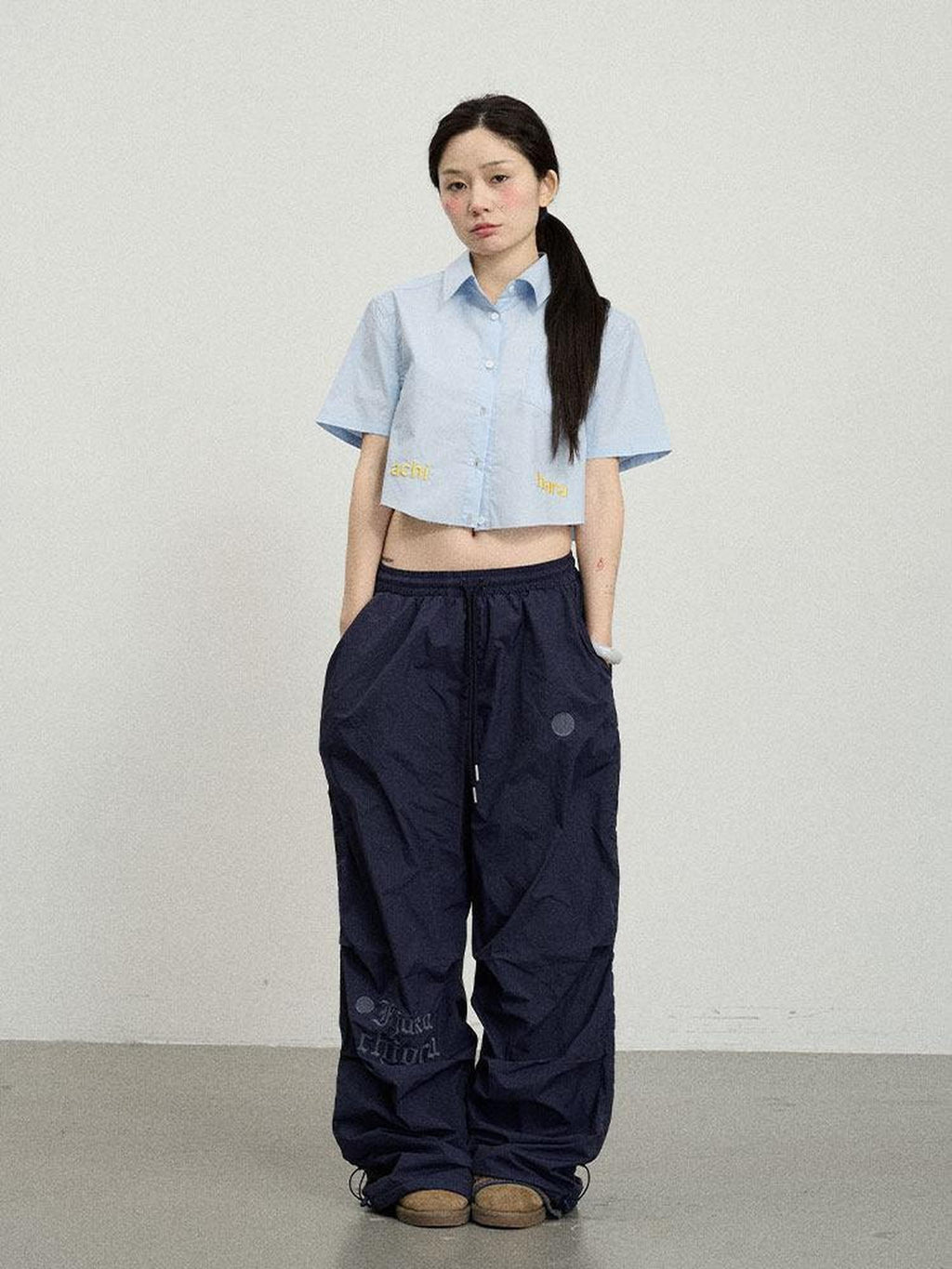 Achihara Soda Blue Office Collared Short Sleeve Women'S 100 Percent Cotton Crop Tops