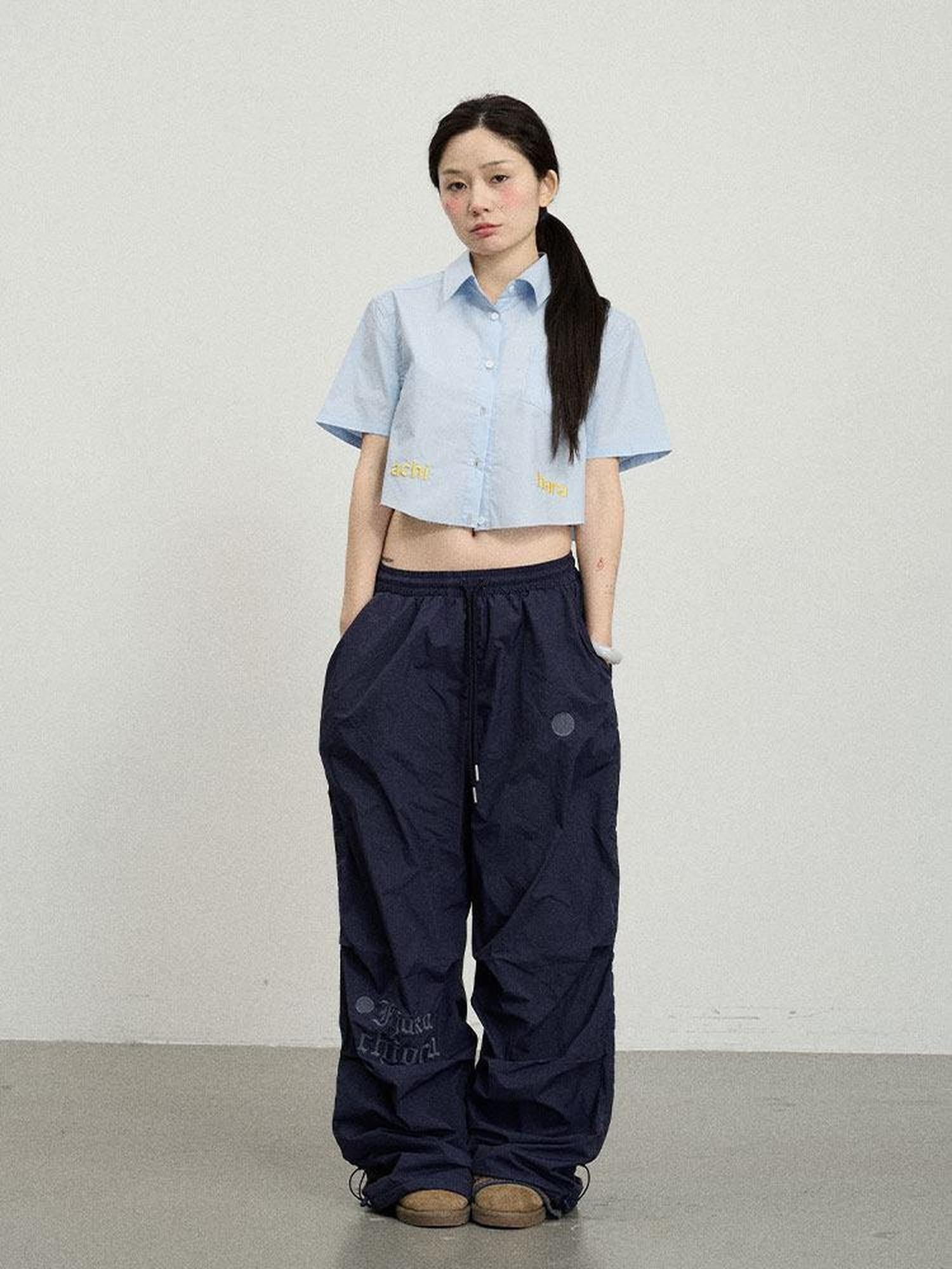 Achihara Soda Blue Office Collared Short Sleeve Women'S 100 Percent Cotton Crop Tops