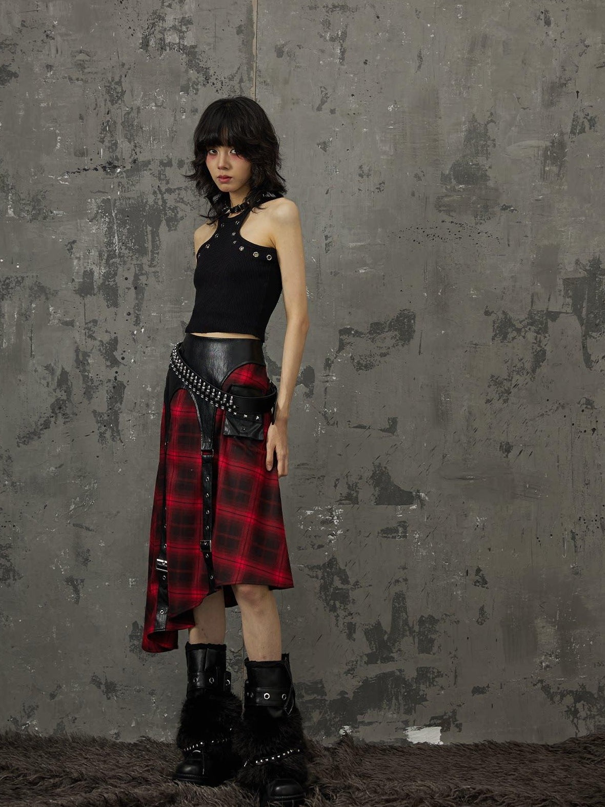 Frustration Garden Edgy Patchwork Asymmetrical A Line Mid Waist Loose Women Black Red Midi Skirts