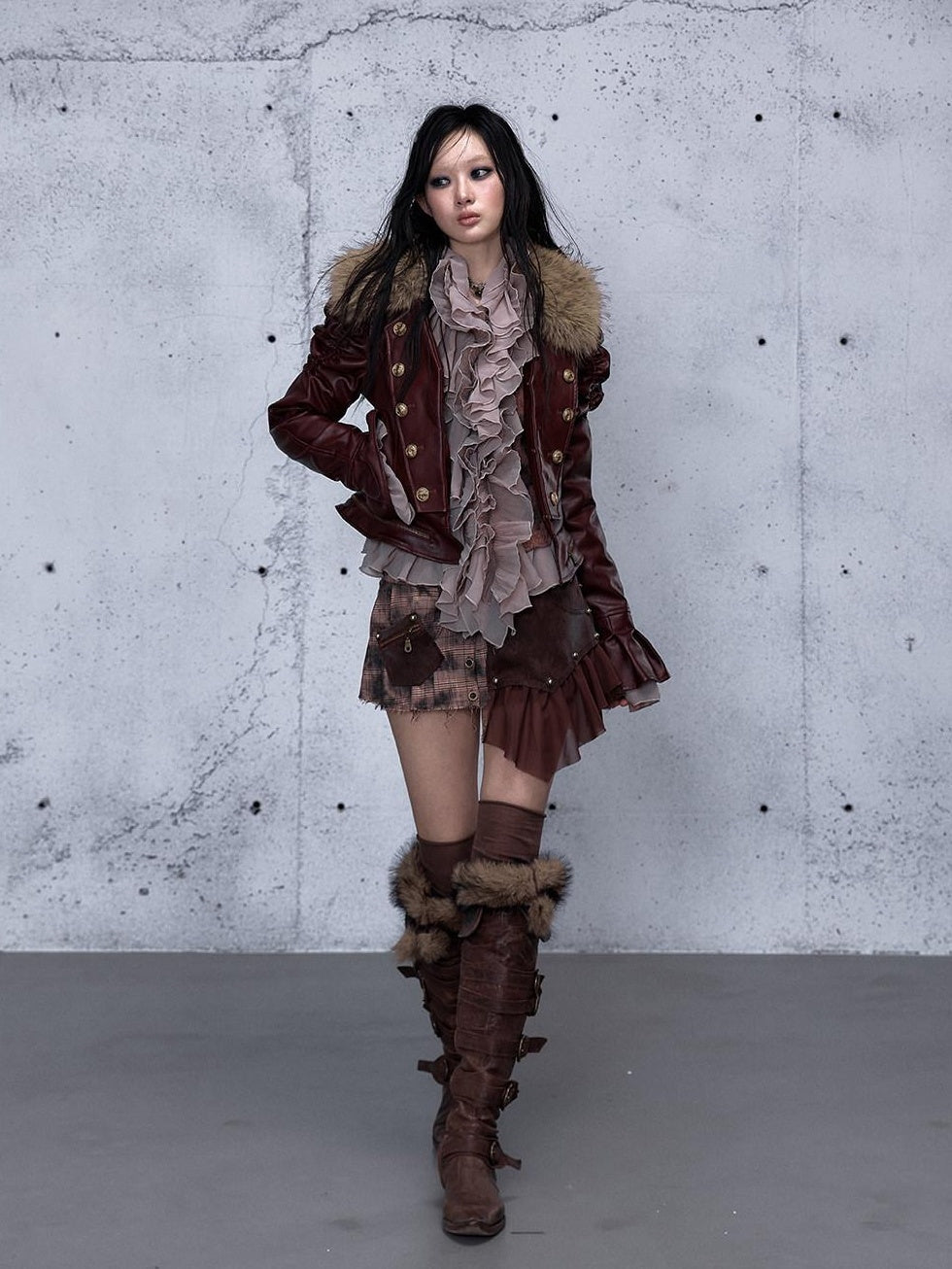 NO ROMANCE Removable Punk Style Regular Fit Women Burgundy Button Front Casual Jackets