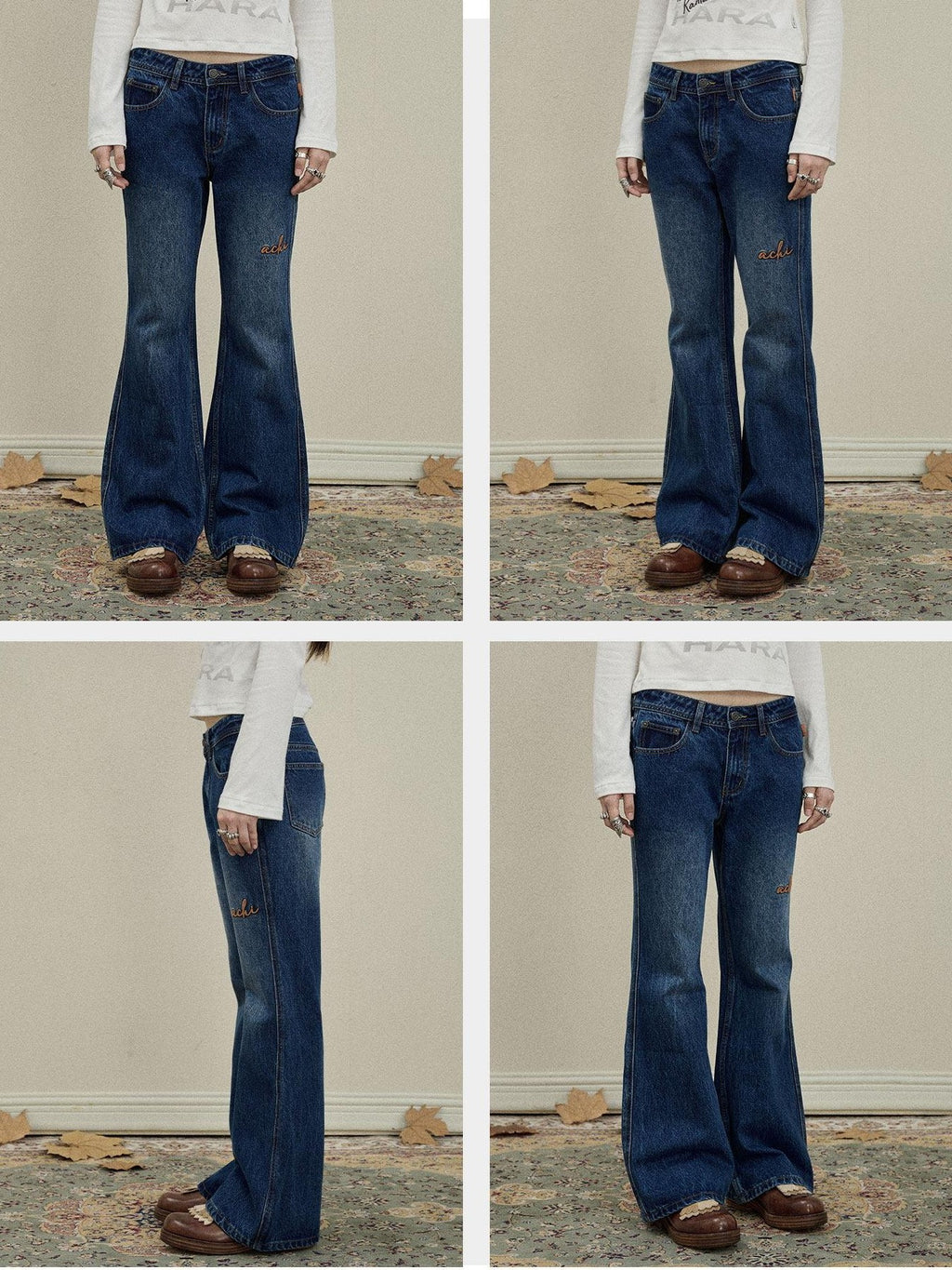Achihara Slight Embroidered Distressed Wash Slim Women'S Denim Flare Jeans