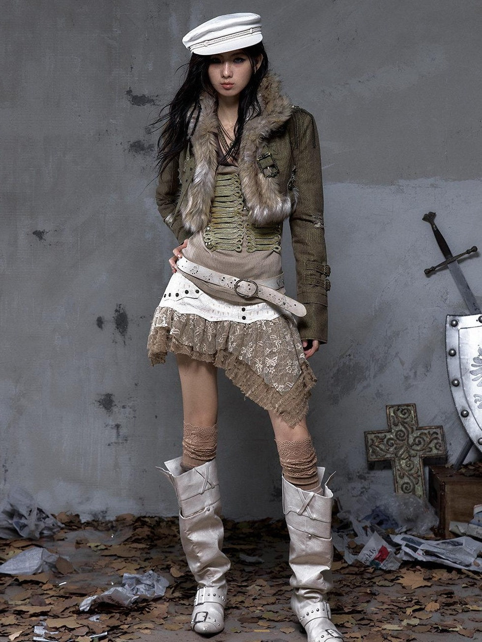 NO ROMANCE Distressed Vintage Slim Fit Cropped Long Sleeve Women Gold Khaki Casual Jackets