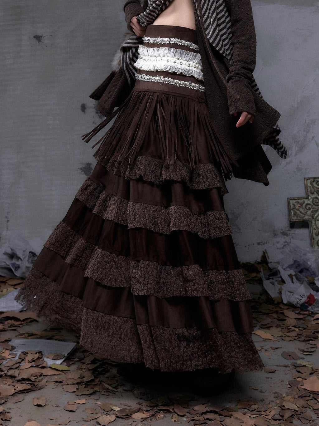 NO ROMANCE High Waist Court Tassel A Line Casual Brown No Stretch Maxi Skirts